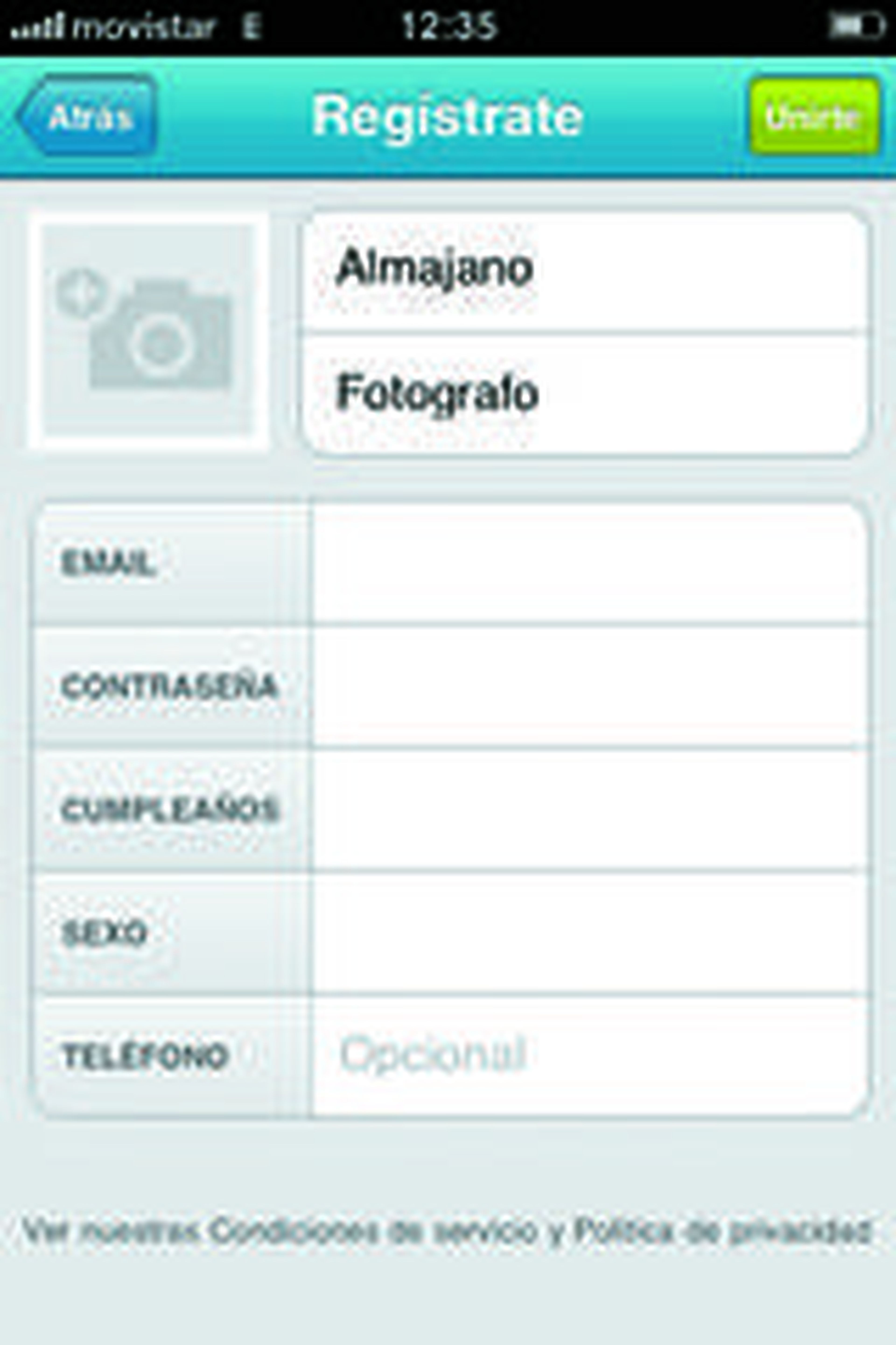 Pantalla de registro desde Foursquare