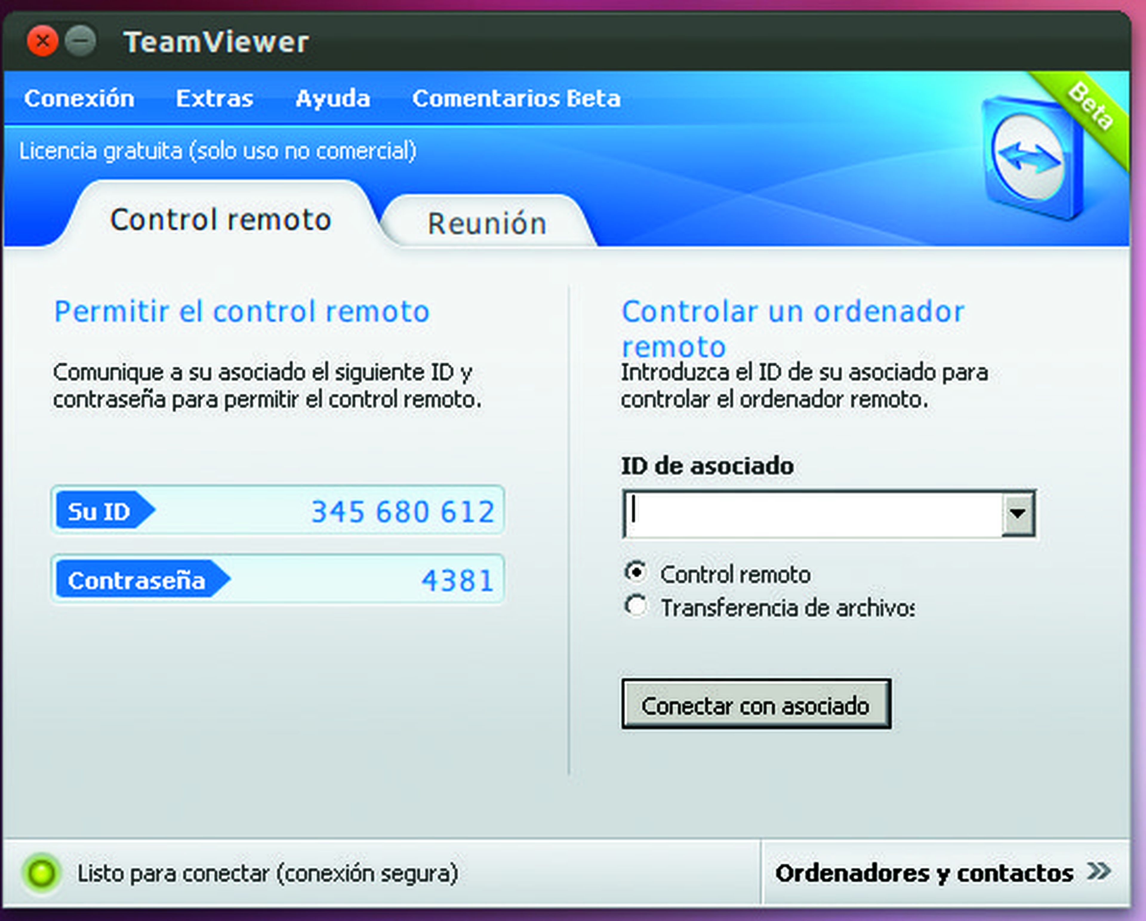 Ventana Control Remoto TeamViewer Linux