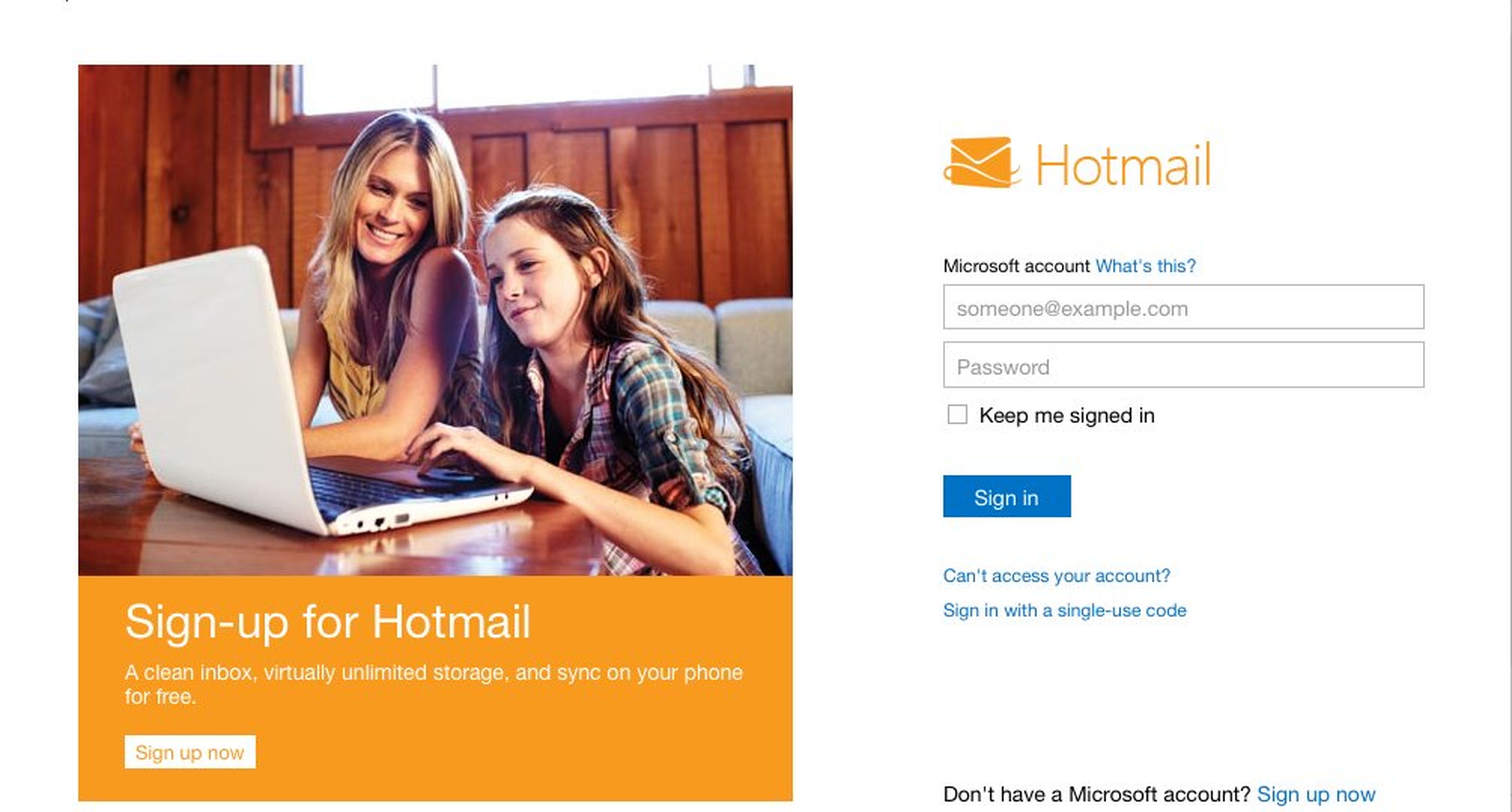 Interfaz de inicio Hotmail