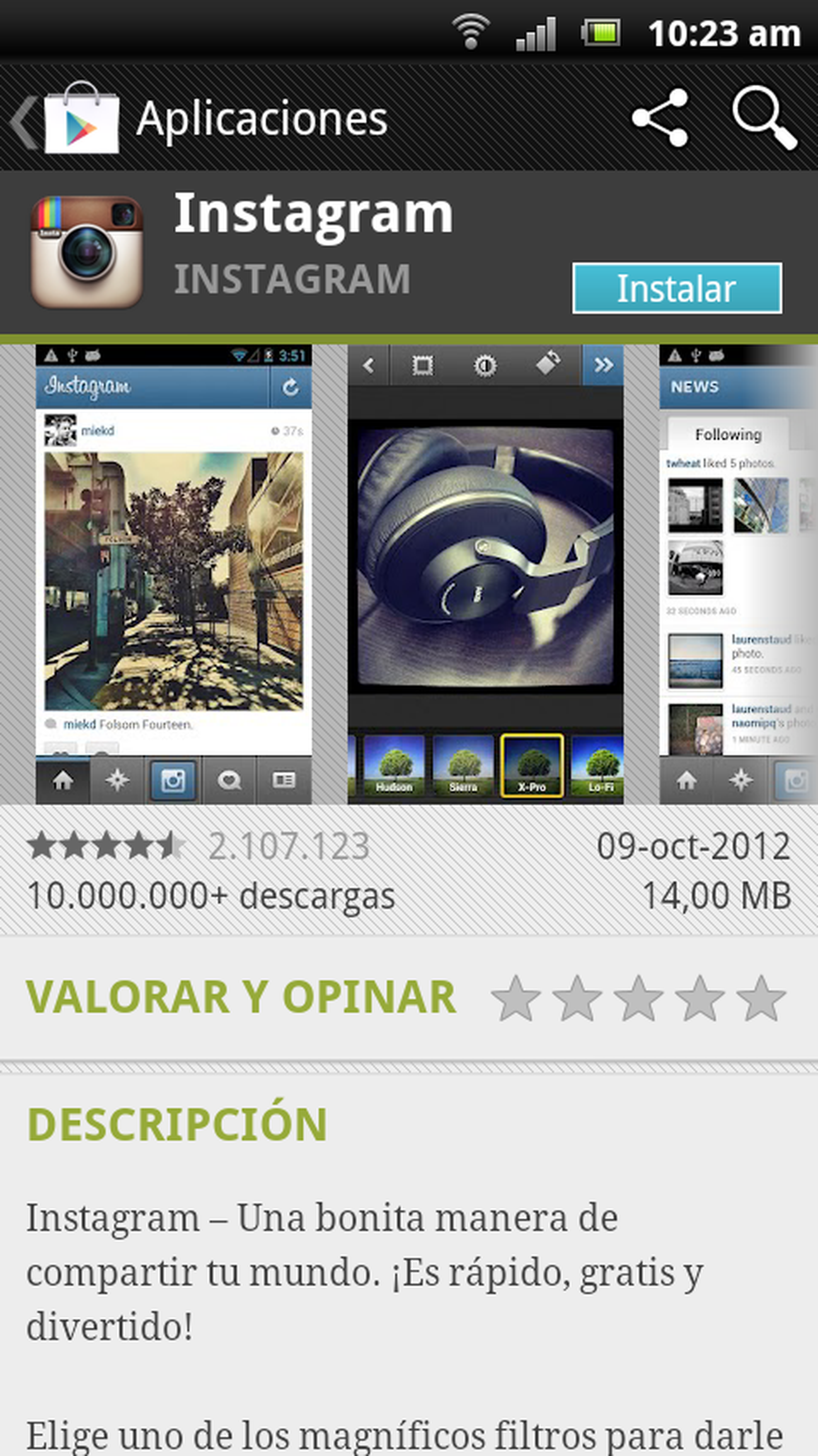 iimagen de instalación de instagram en google play