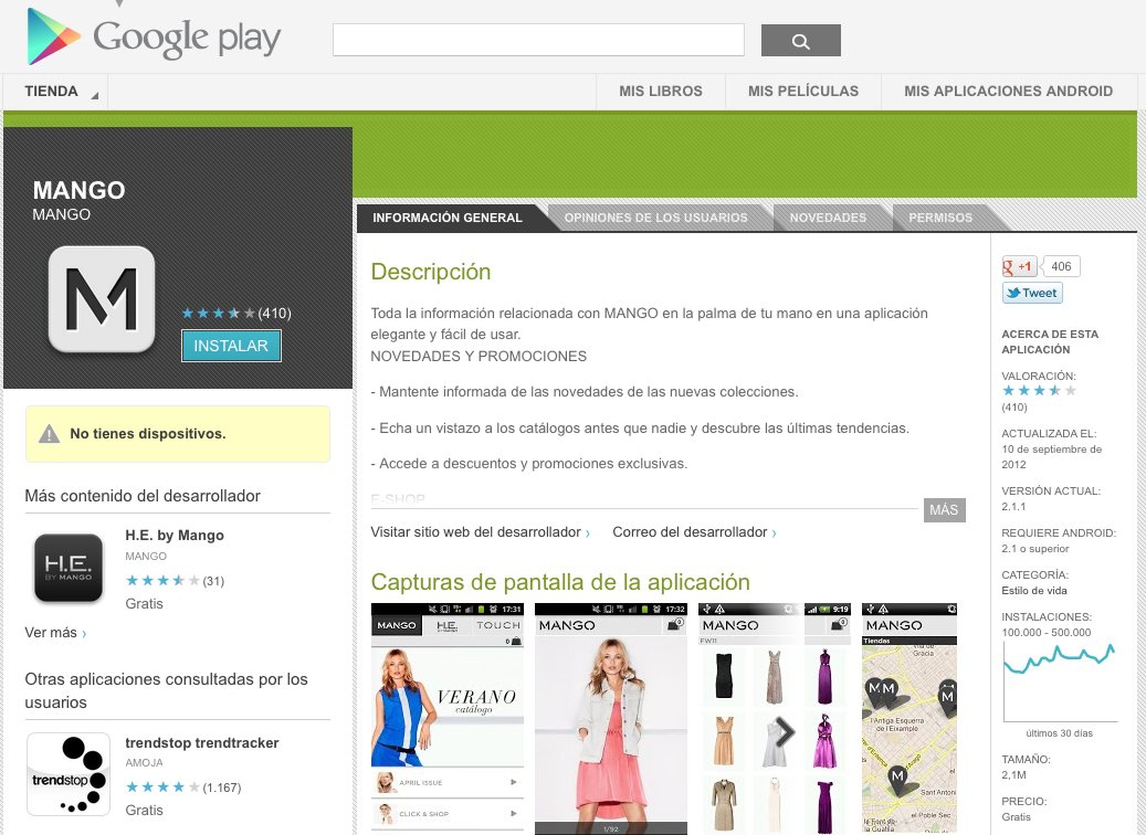 Interfaz app Mango en Google Play