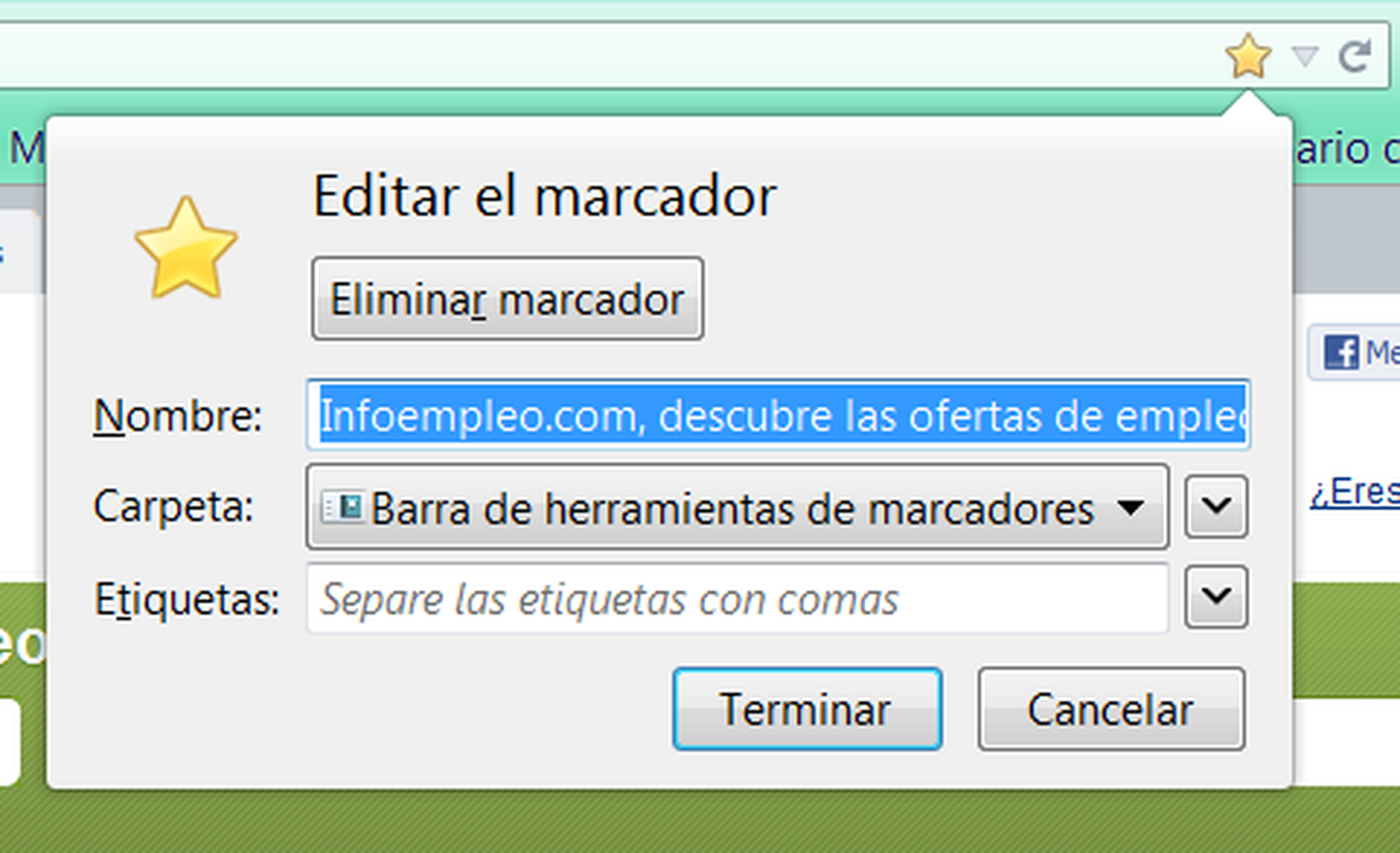 Recuadro de edición de marcador en Firefox