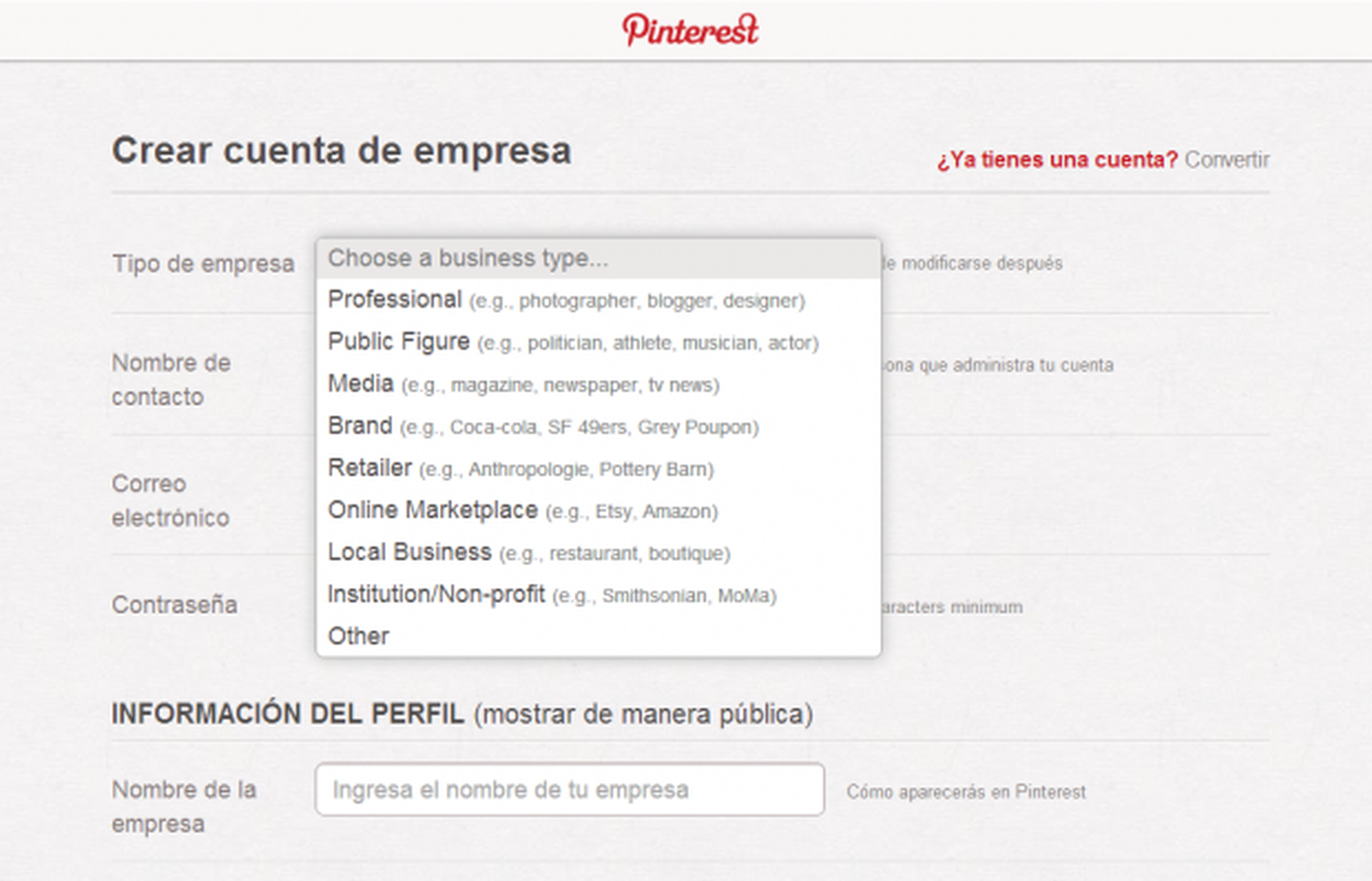 Registrar empresa Pinterest