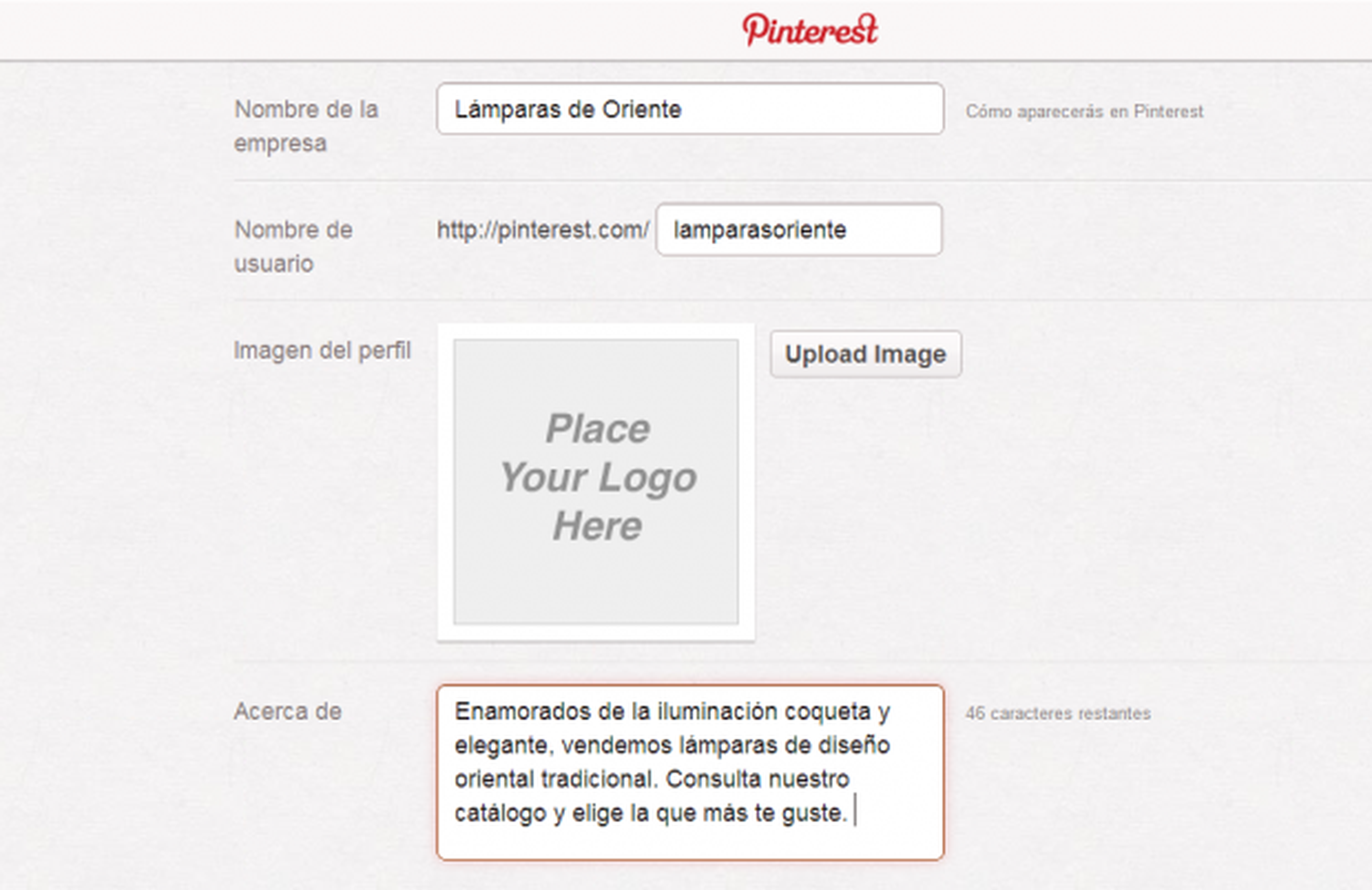 Añade información sobre tu empresa en Pinterest