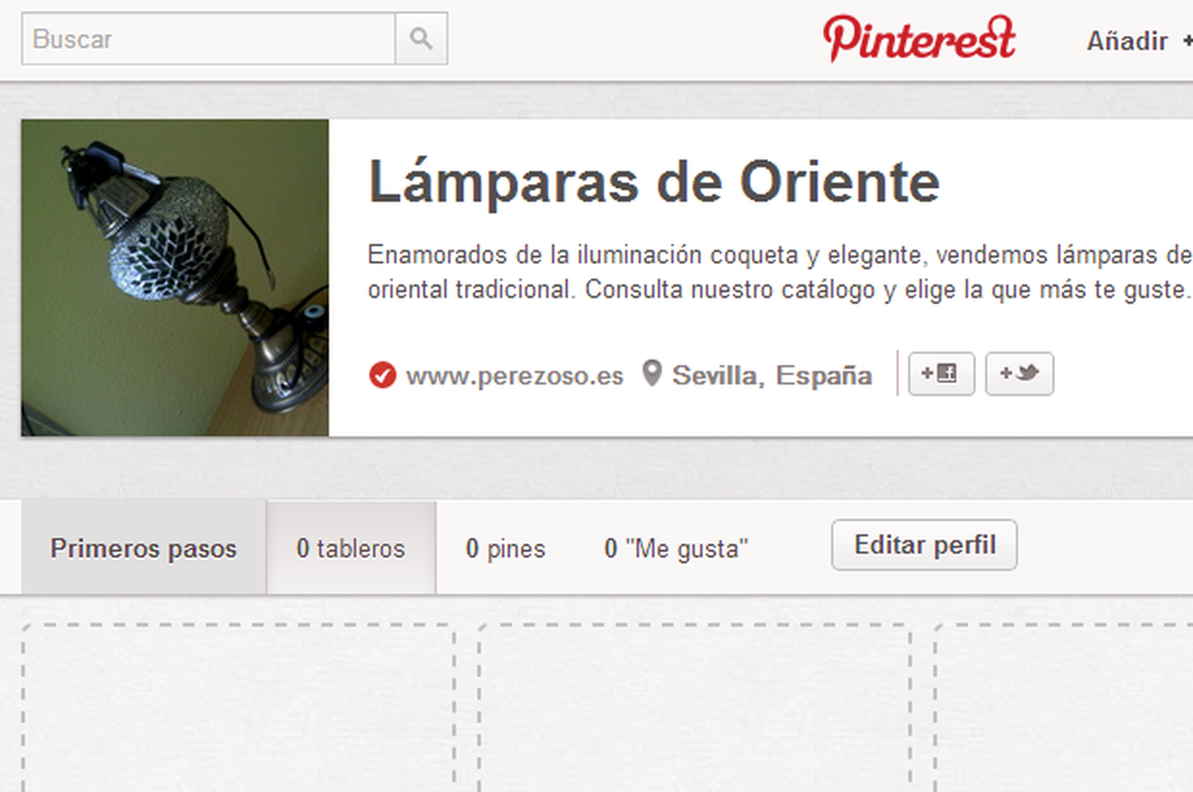 Interfaz perfil corporativo en Pinterest
