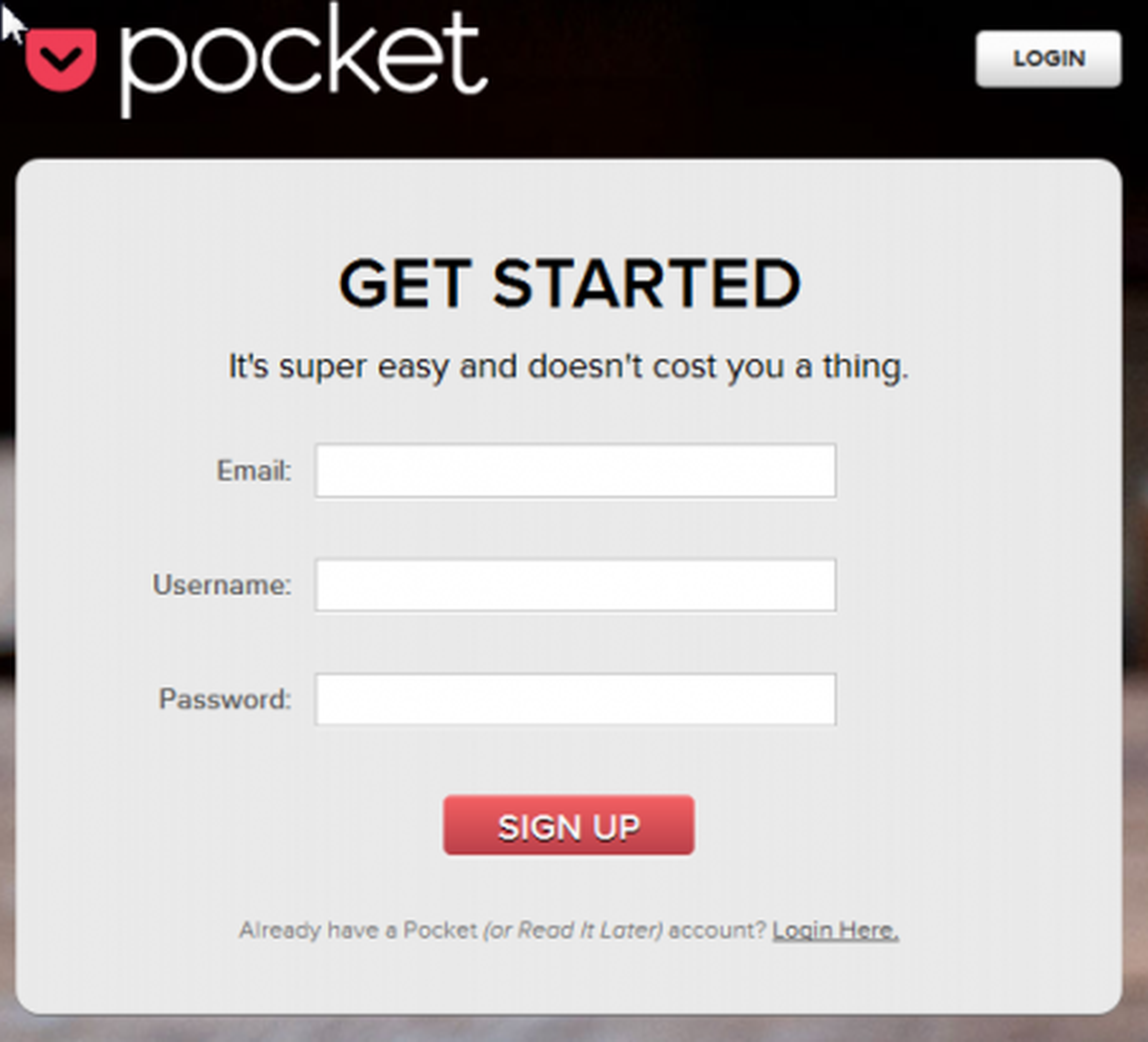 Recuadro para crear una cuenta en Pocket