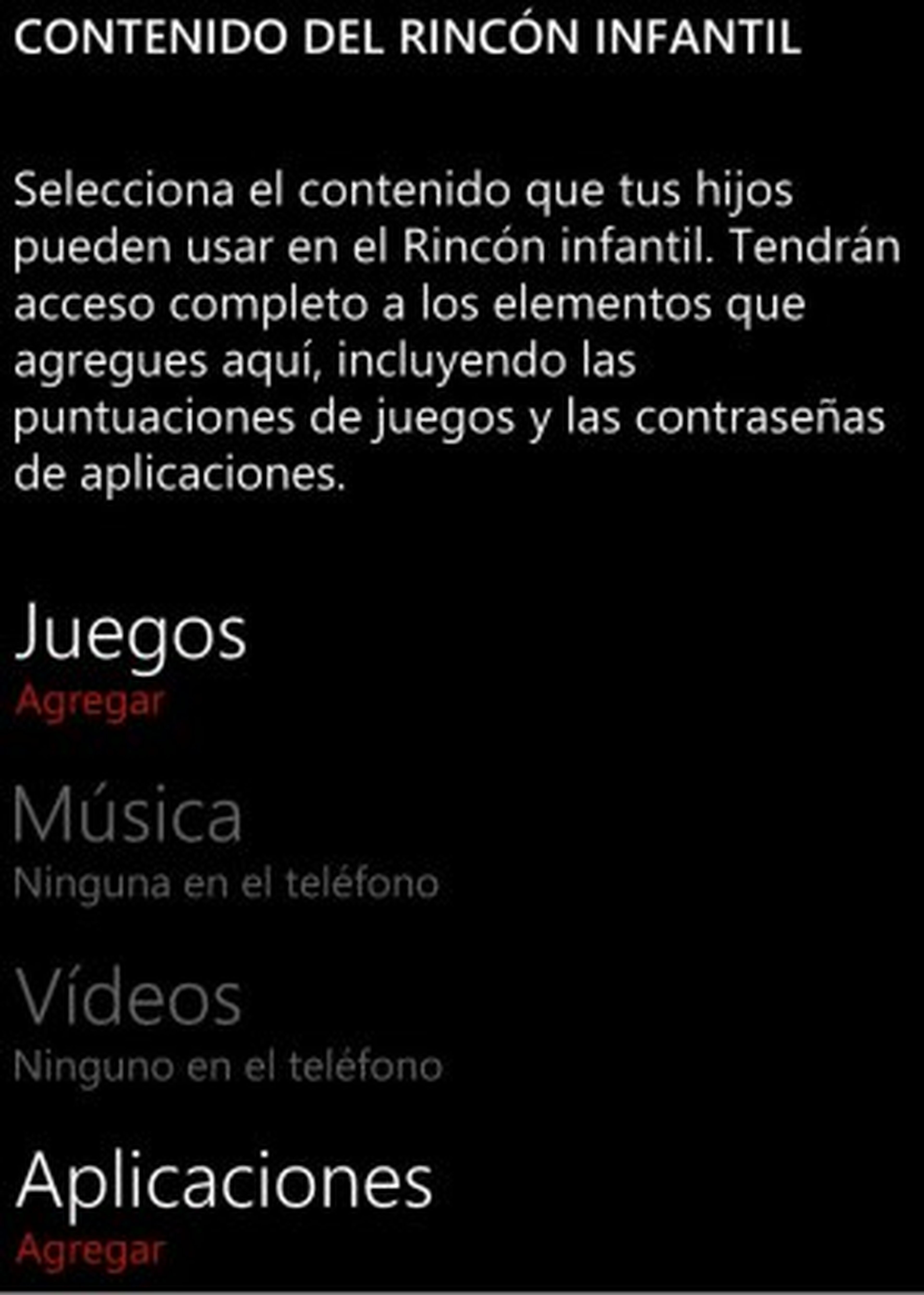 Acceso a la configuración del rincón infantil de Windows Phone 8