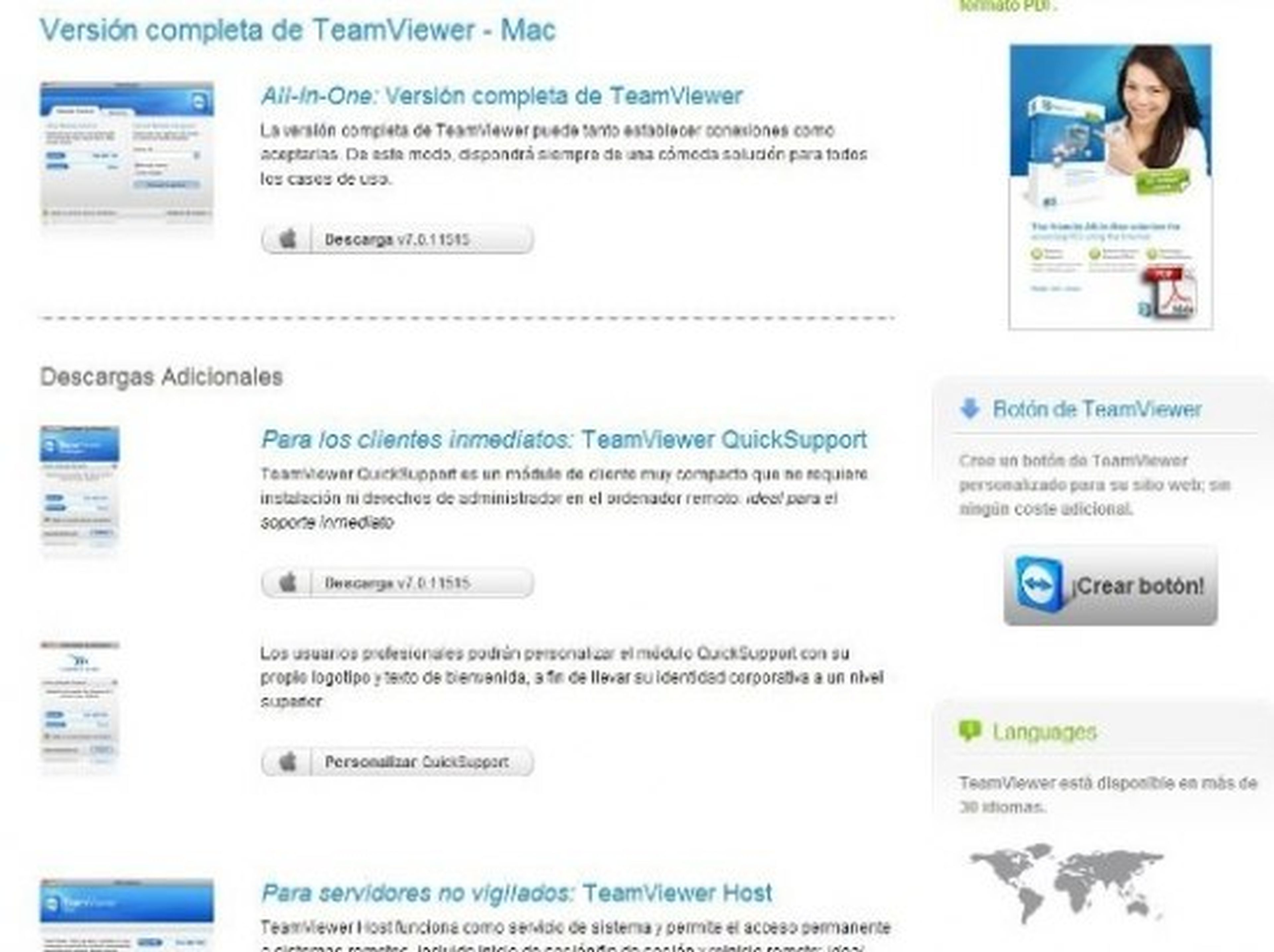 Interfaz de la página web de Teamviewer para descargar en MAC