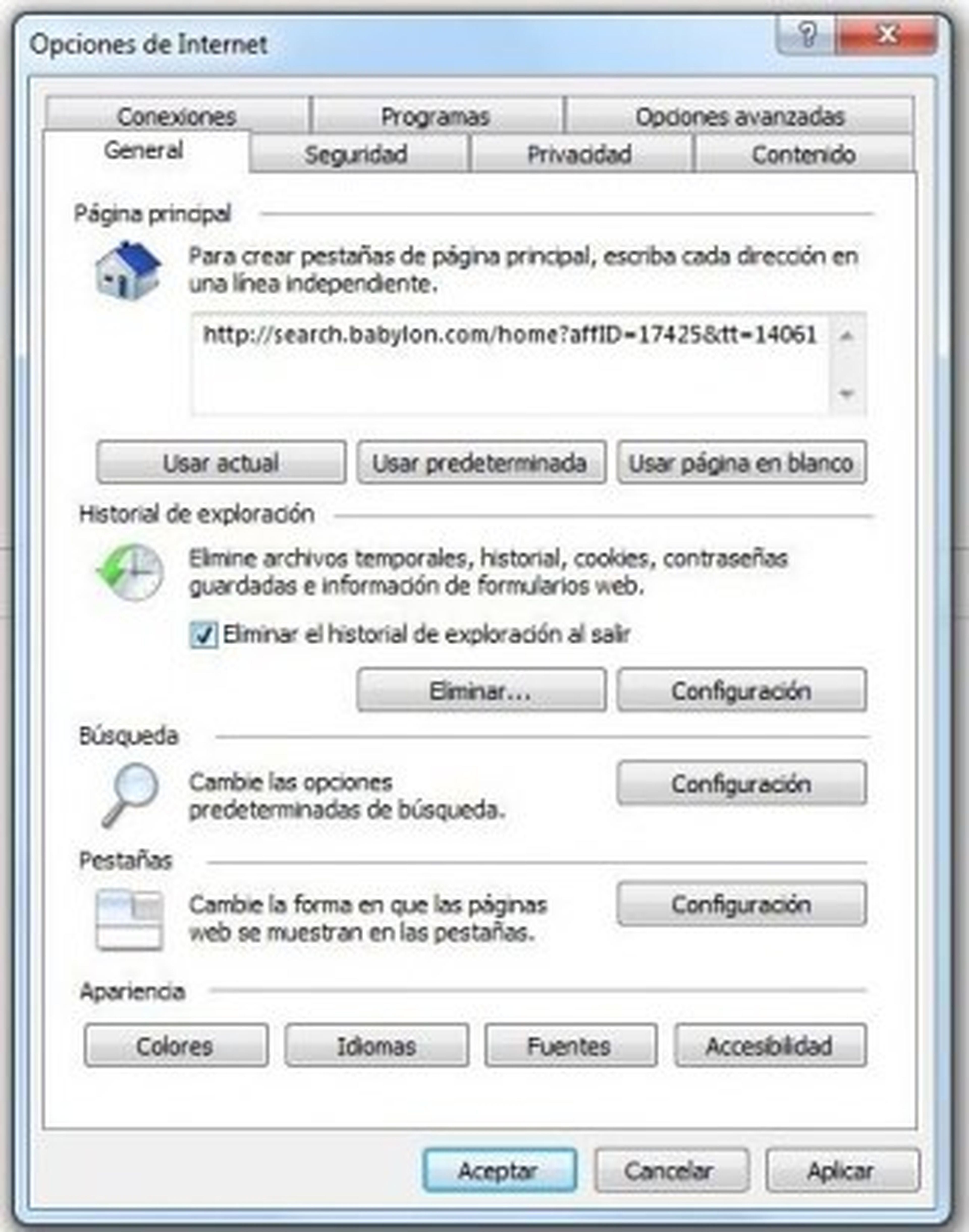 Interfaz de Internet Explorer 9 con las opciones de Internet abiertas