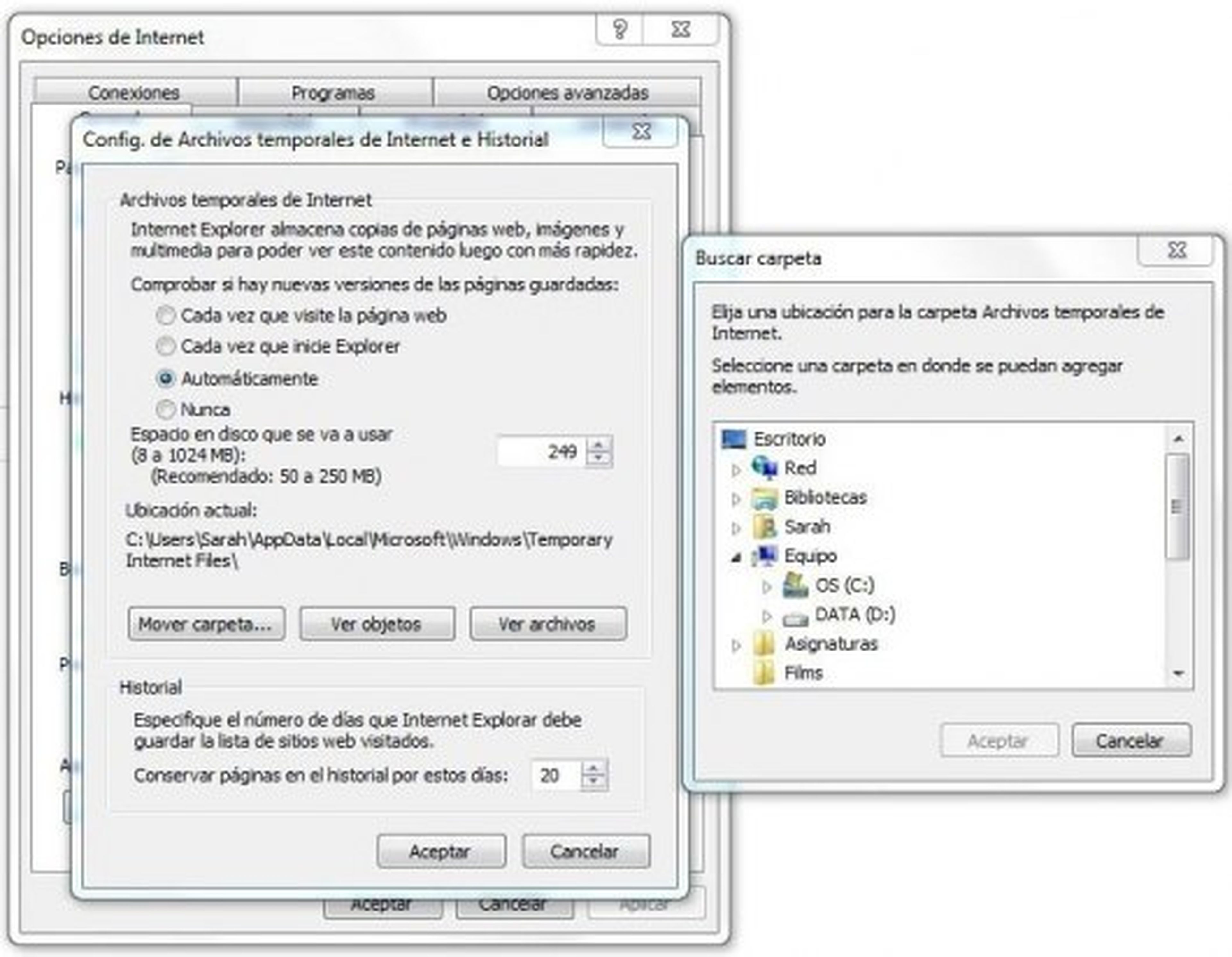 Ventana de Internet Explorer 9 para configurar los archivos temporales de internet y el historial