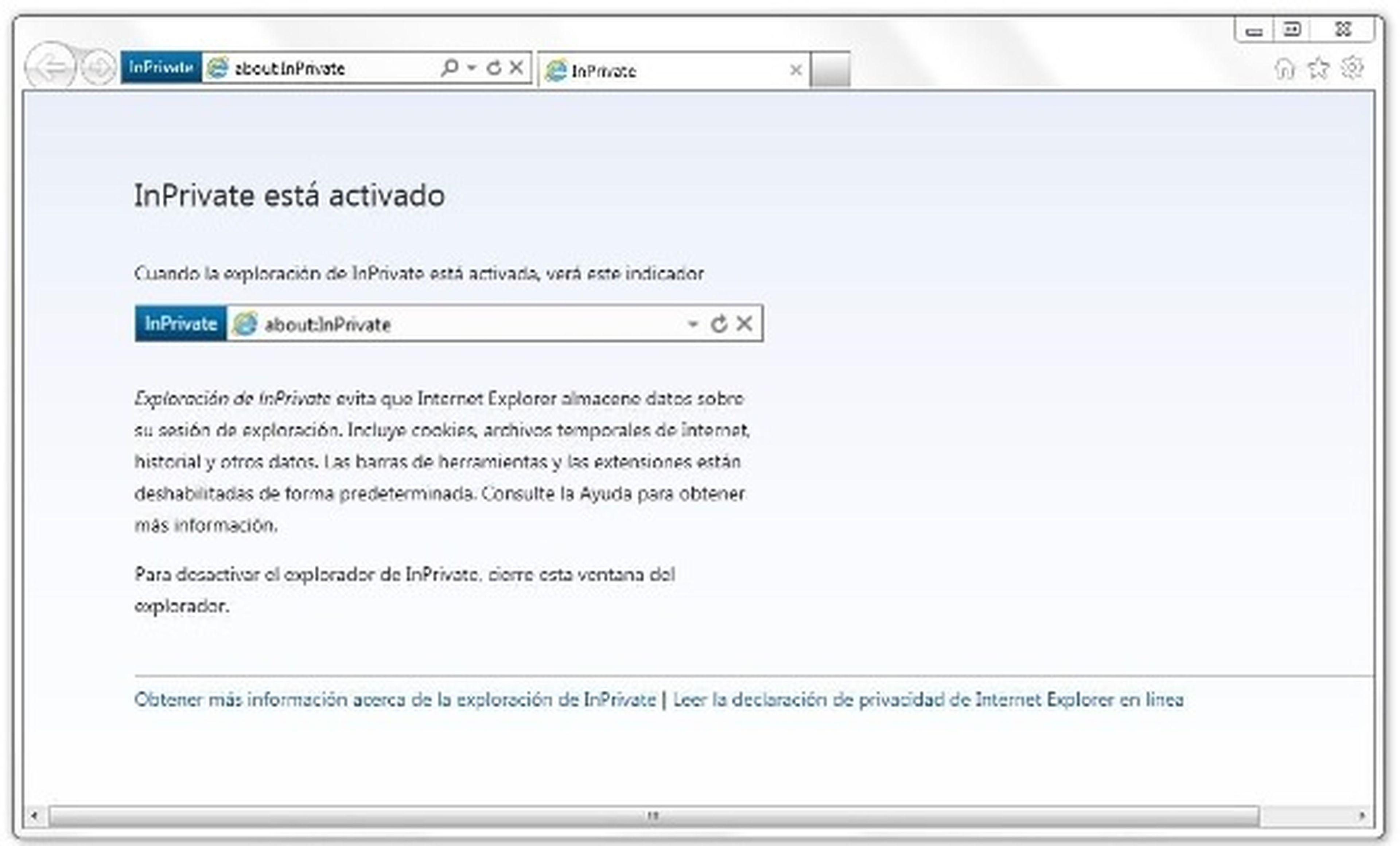 Ventana de Internet Explorer 9 con la opción de navegación privada activada