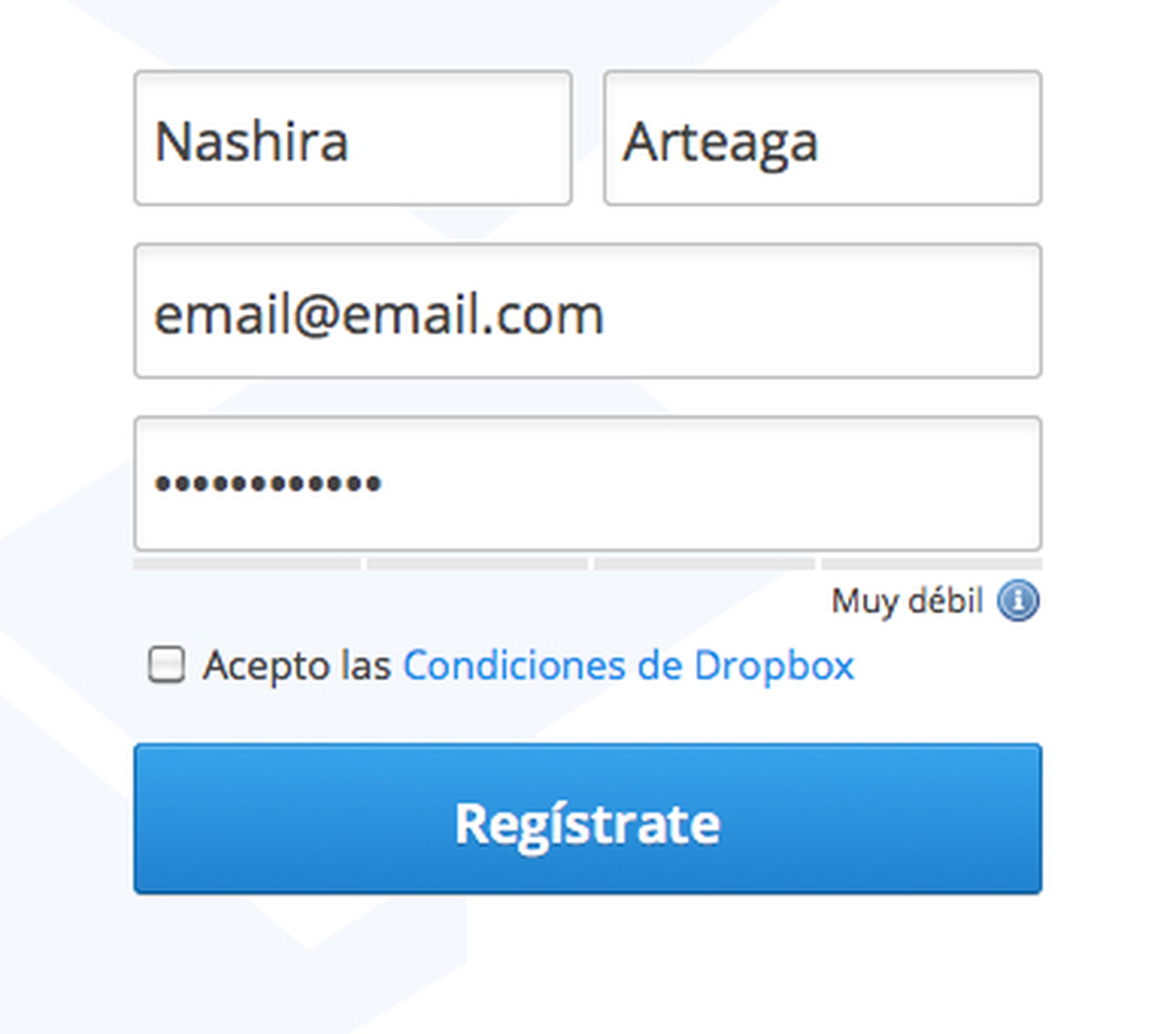 Cumplimenta el formulario de registro de Dropbox