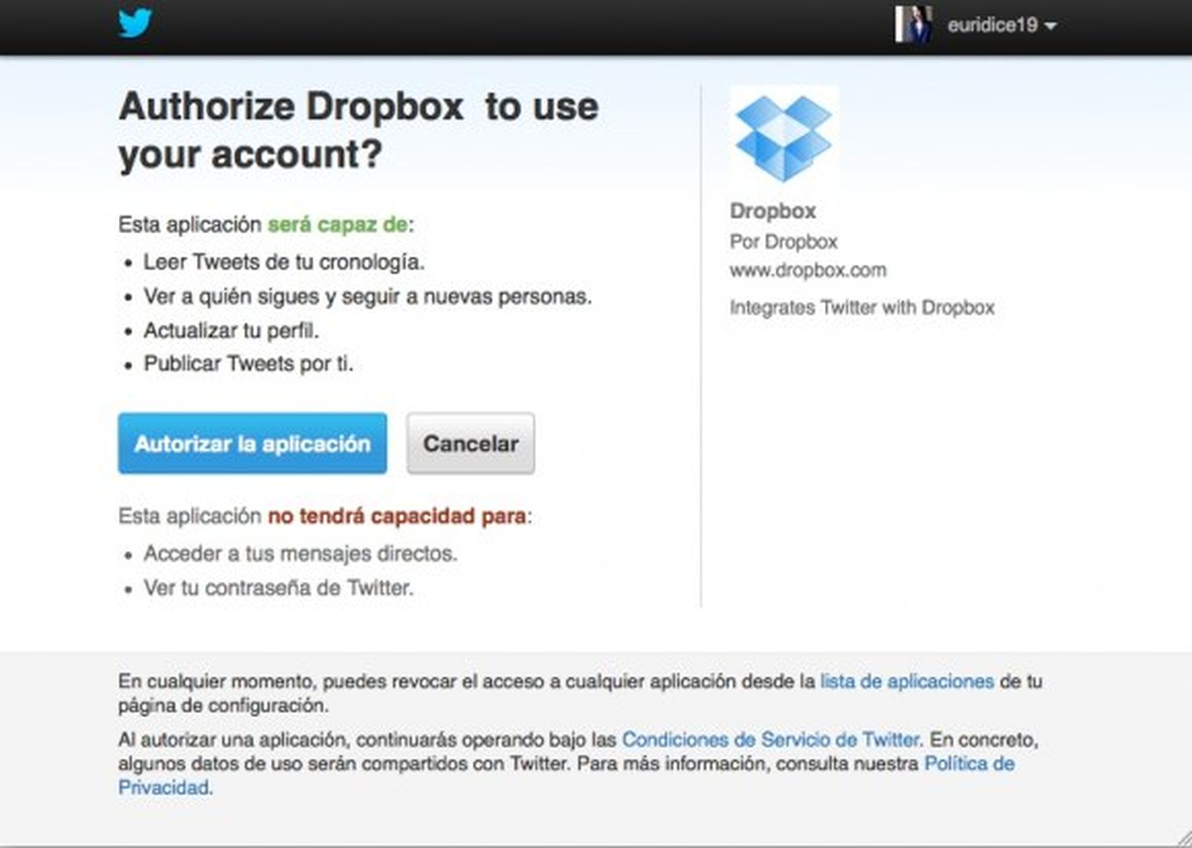 Conecta tu cuenta de Twitter a Dropbox