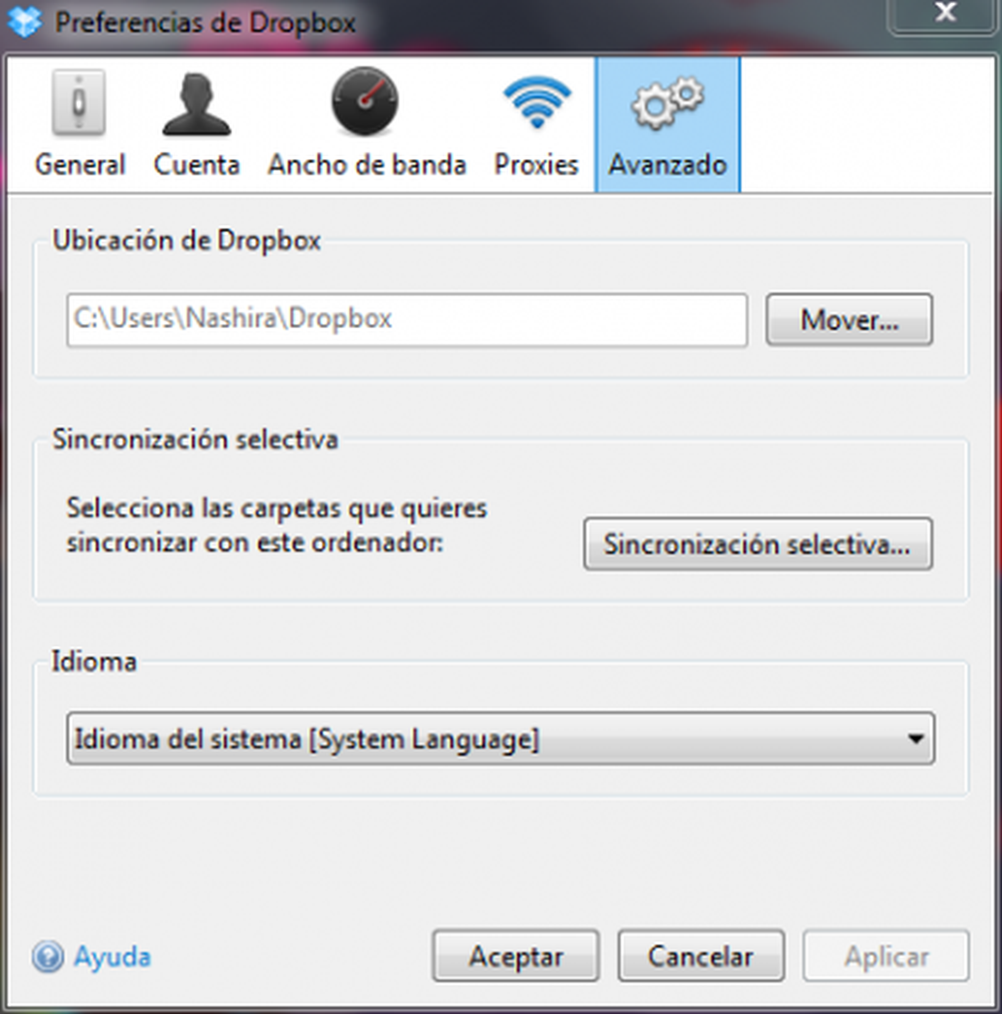 Ajusta las preferencias de Dropbox en Windows