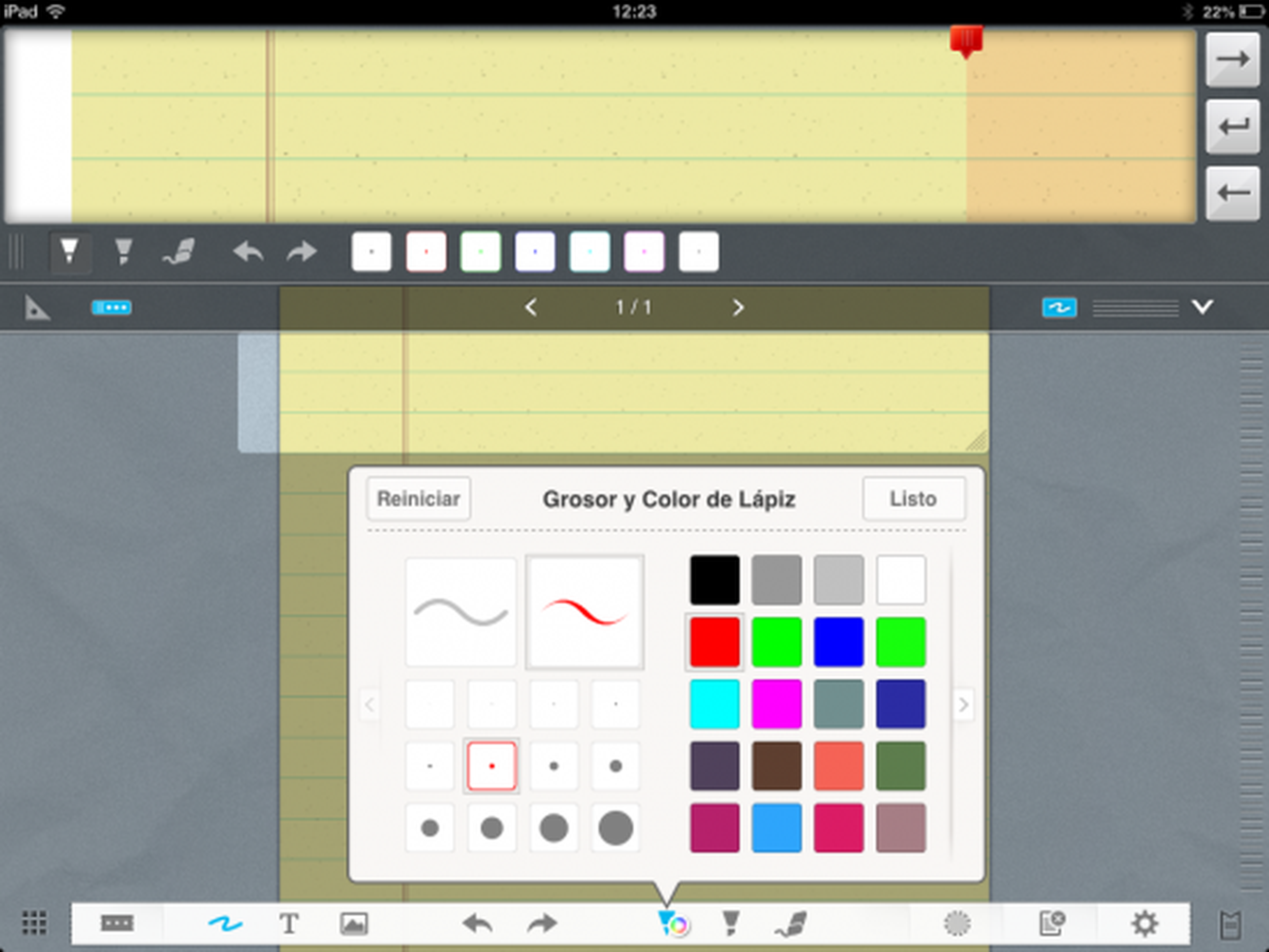 Elige el trazo, el grosor y el color del lápiz en UPAD Lite