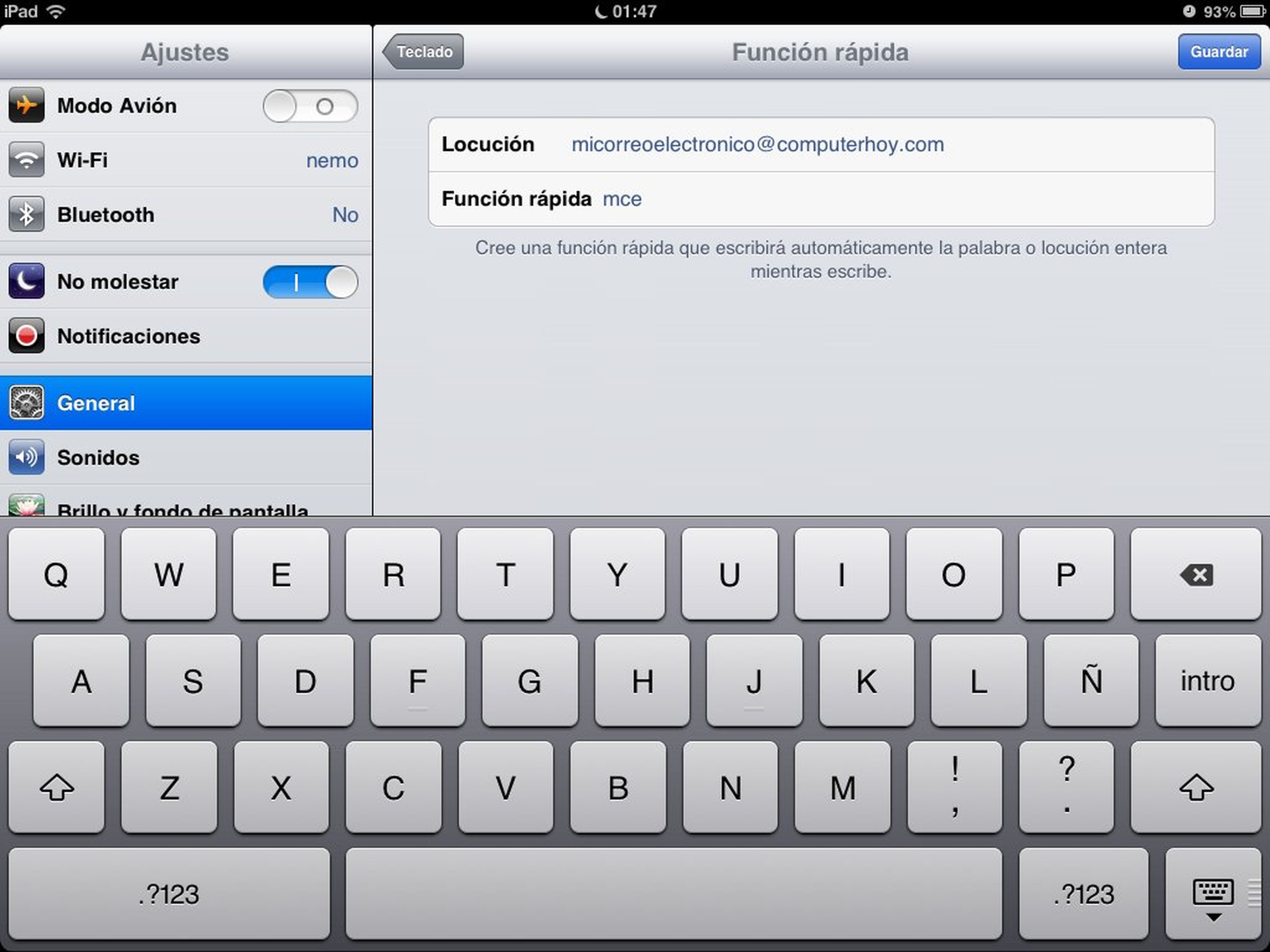 Función rápida en iPad