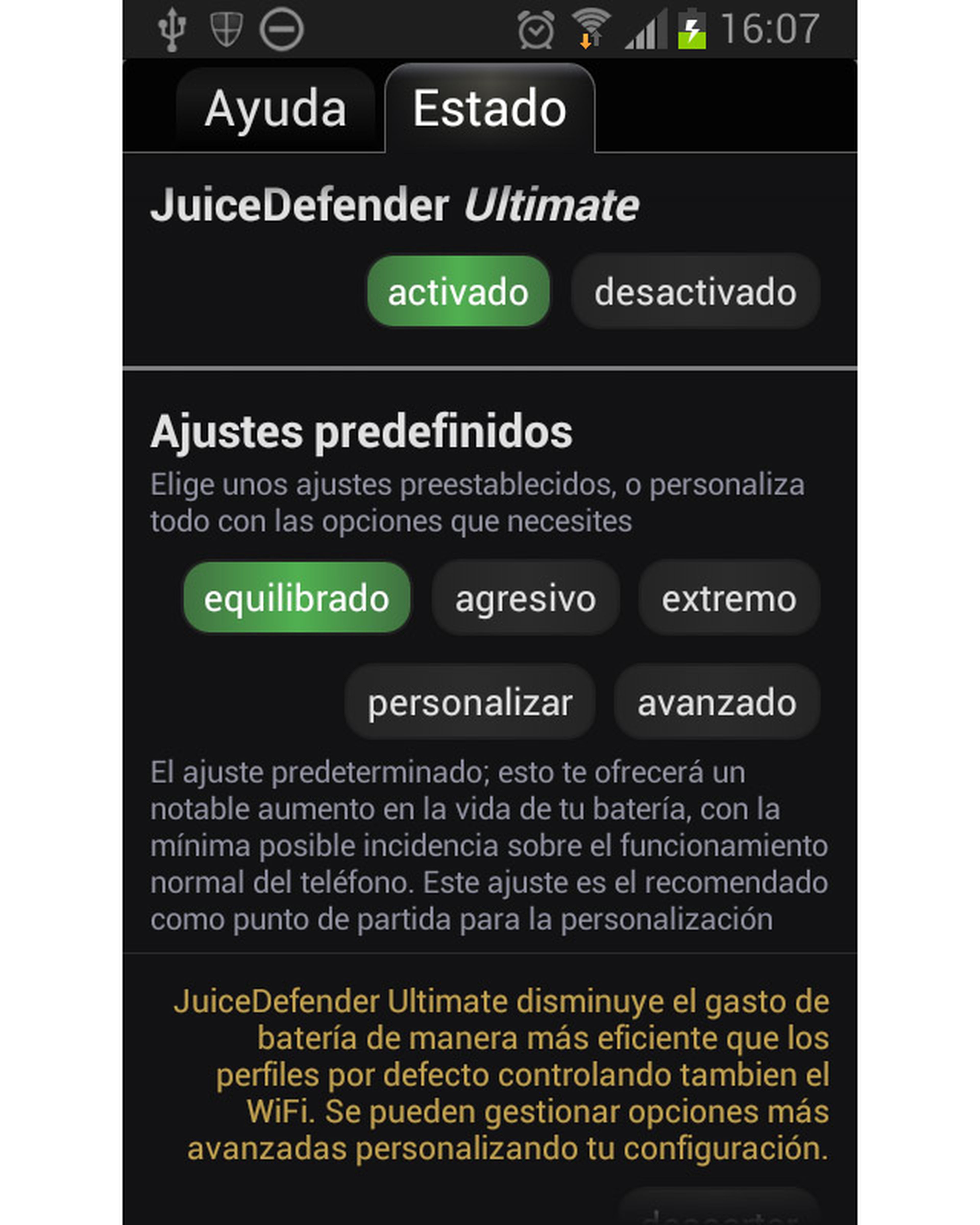 La pestaña Estado de JuiceDefender