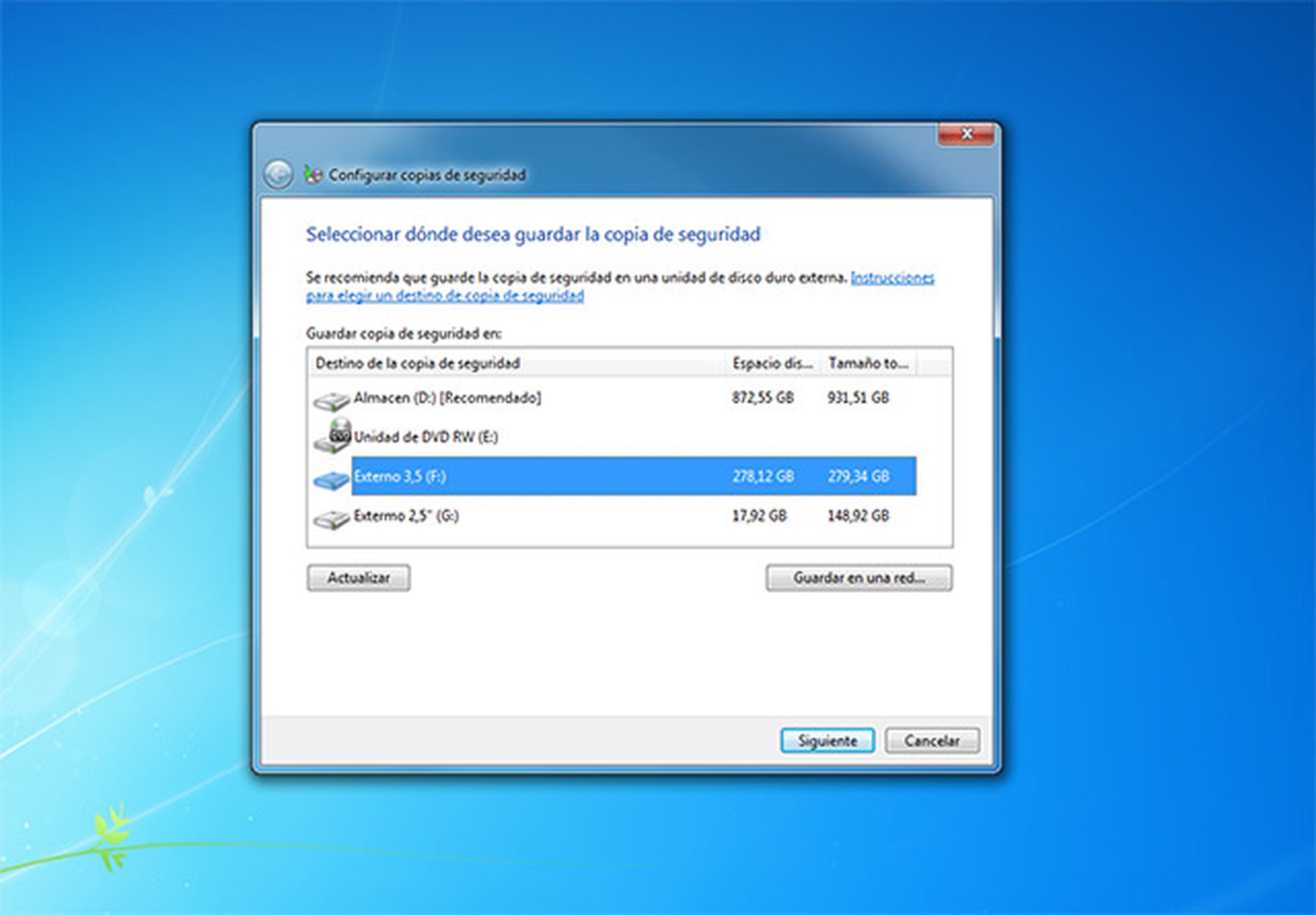 Configurar la copia de seguridad de Windows
