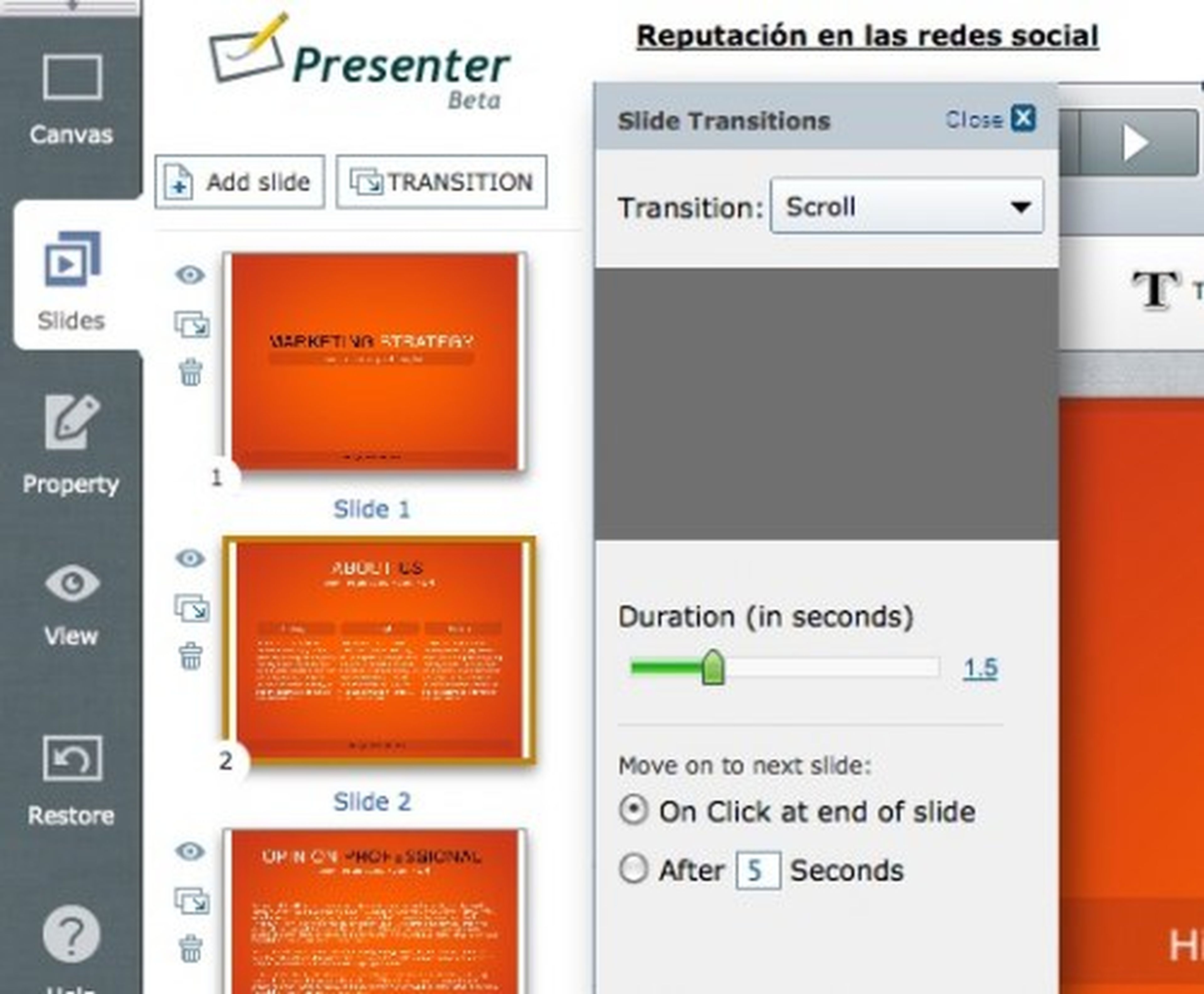 Añade las transiciones en Presenter