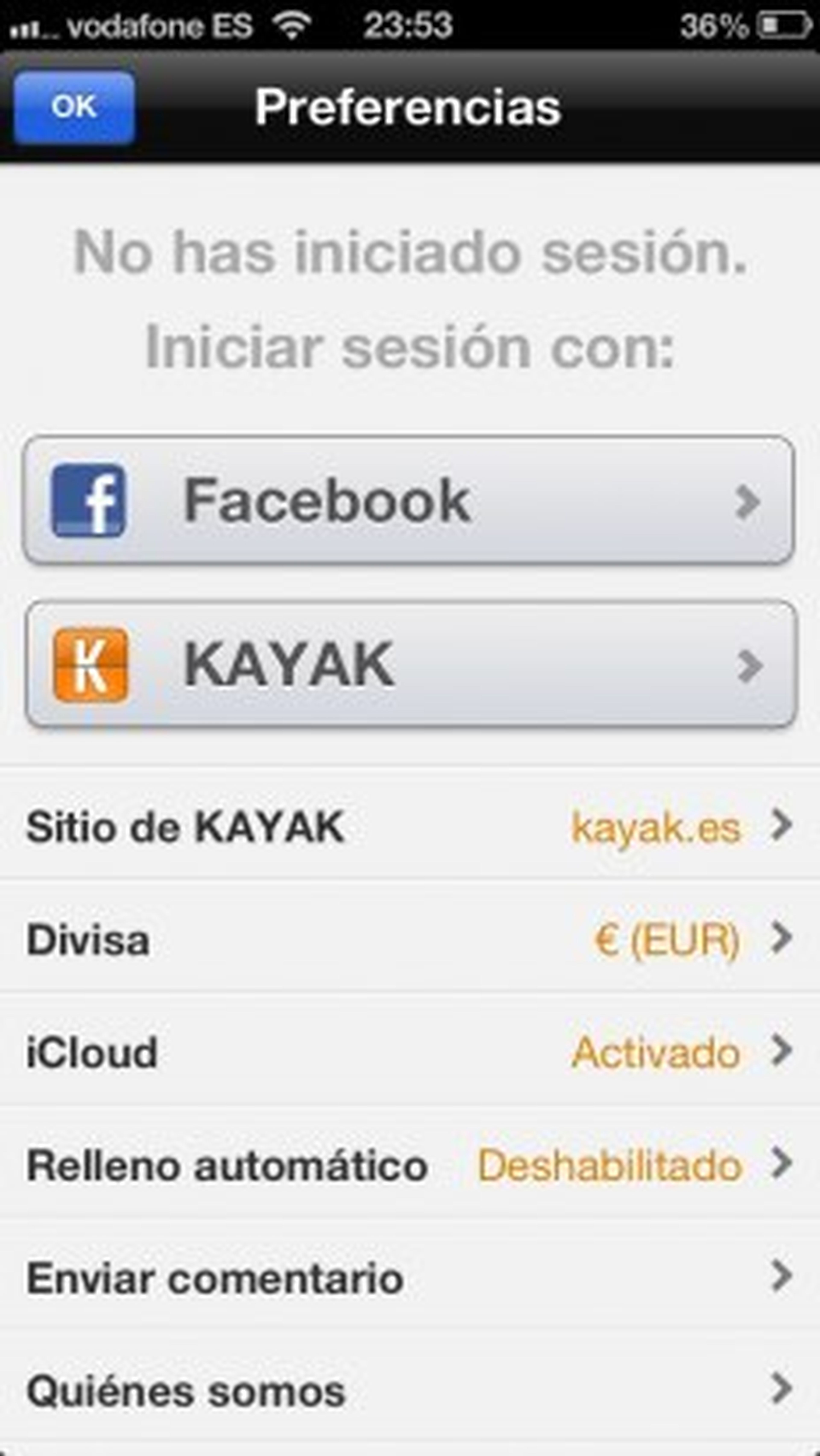 Inicia sesión en la app de Kayak