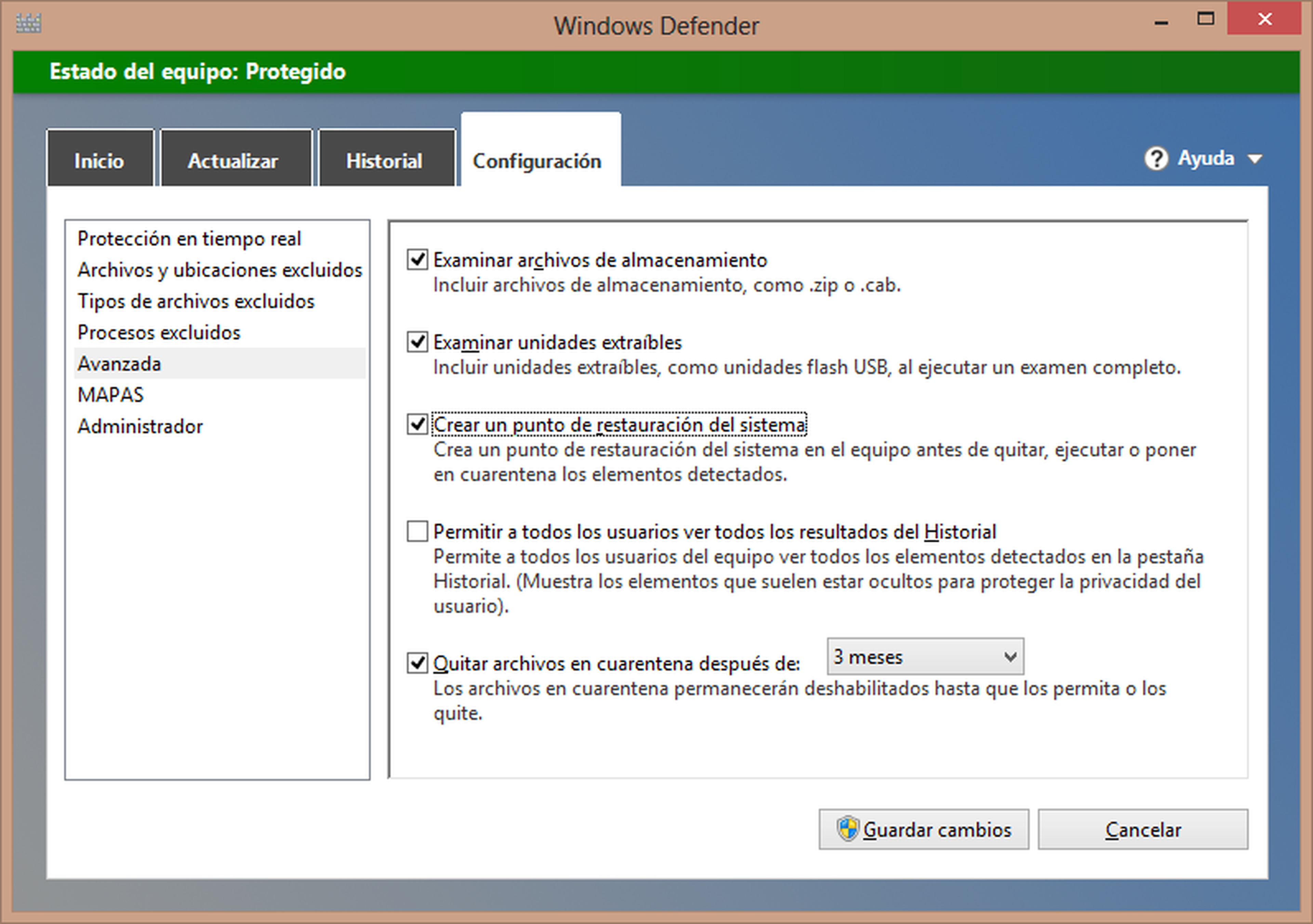 Configuración de Windows Defender