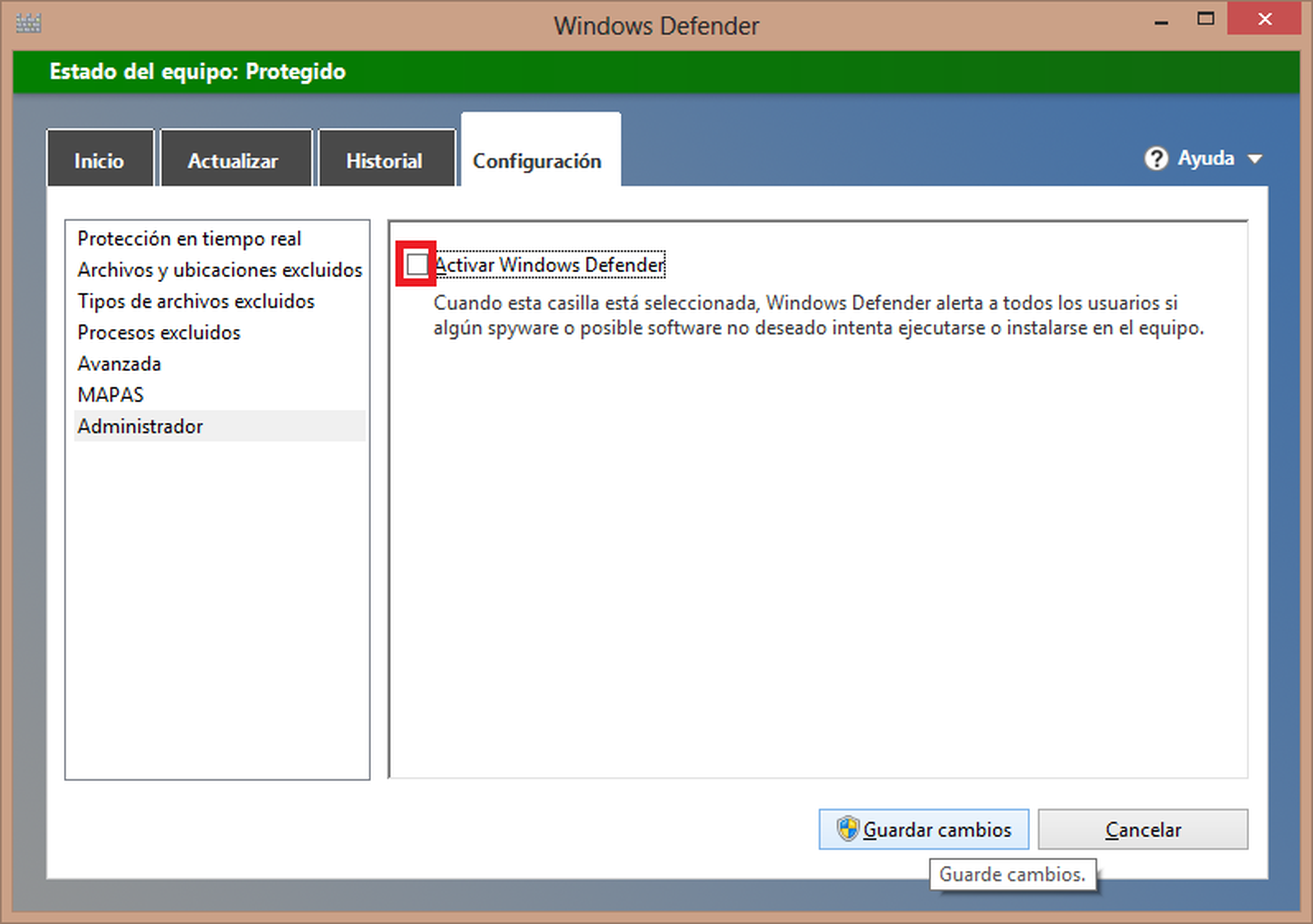 Desactivar la protección de Windows Defender