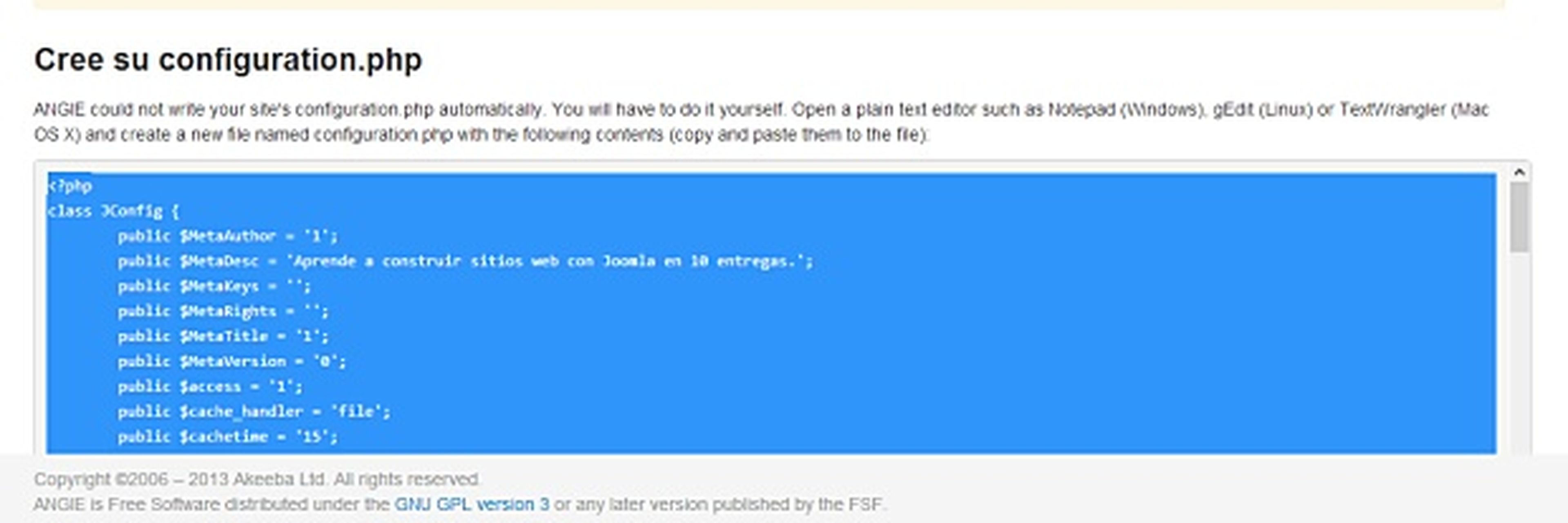Escribe el fichero de configuración de Joomla