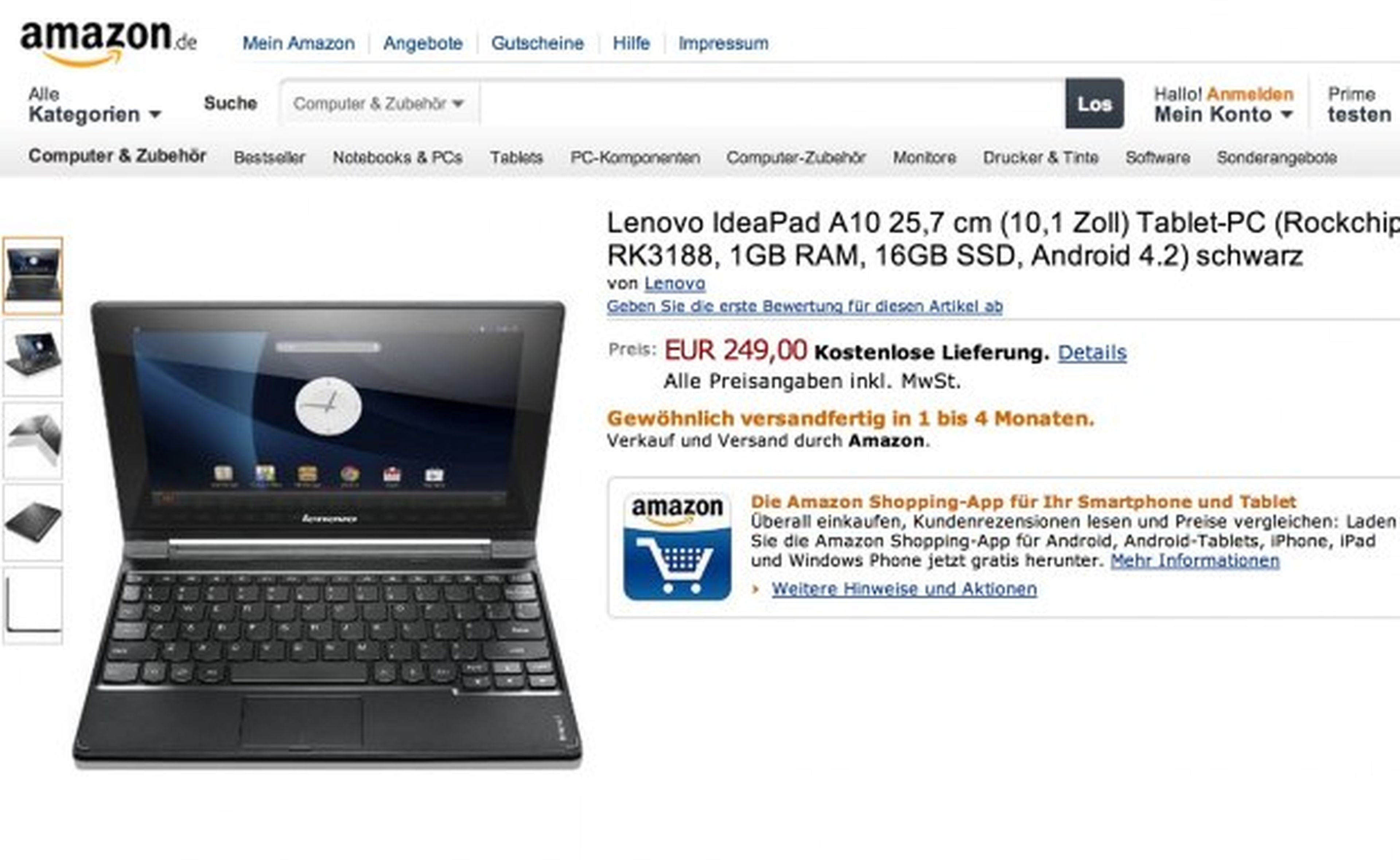 Amazon Alemania ofrece la IdeaTab A10 por 250 euros