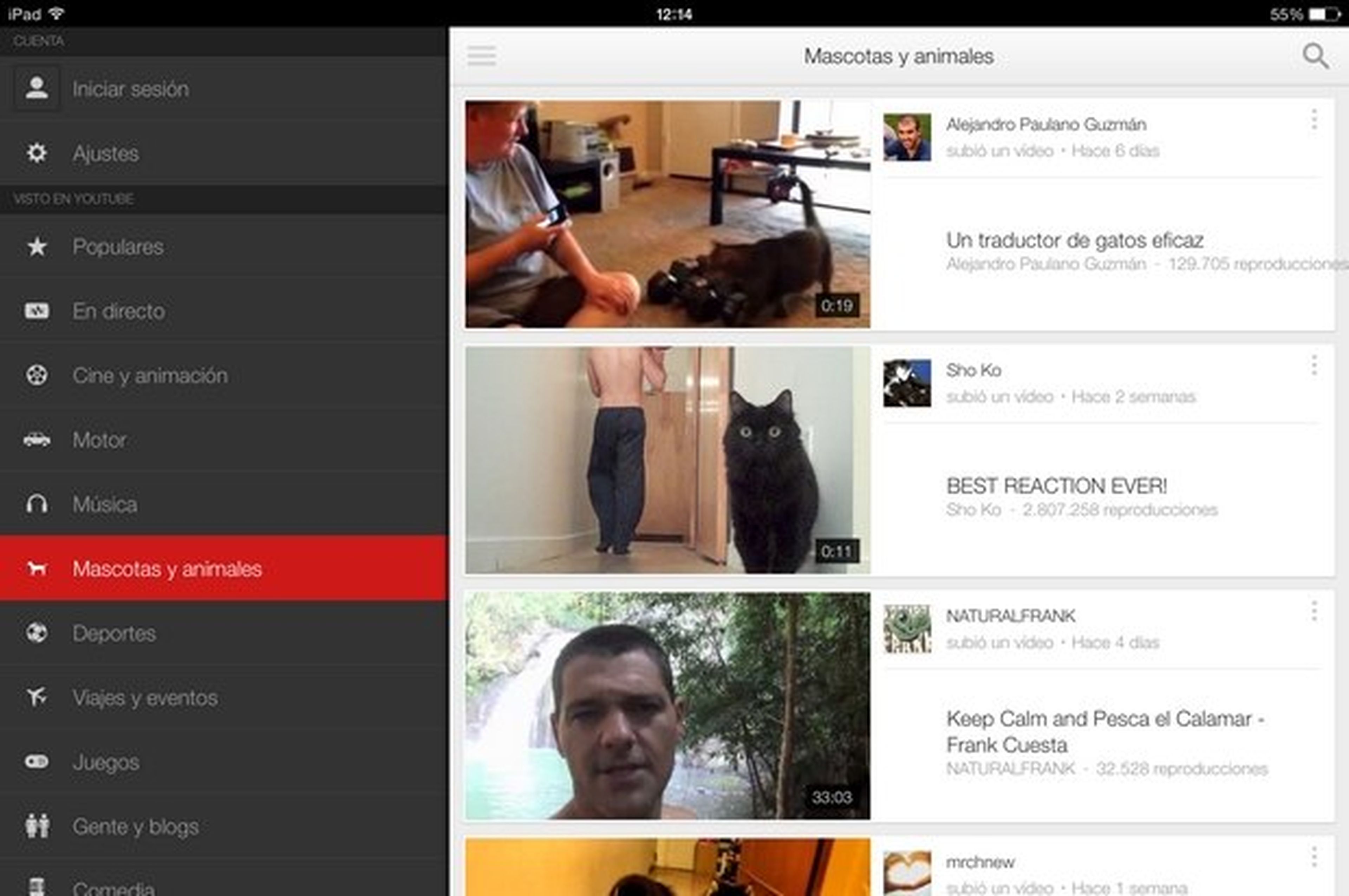 App YouTube para el iPad