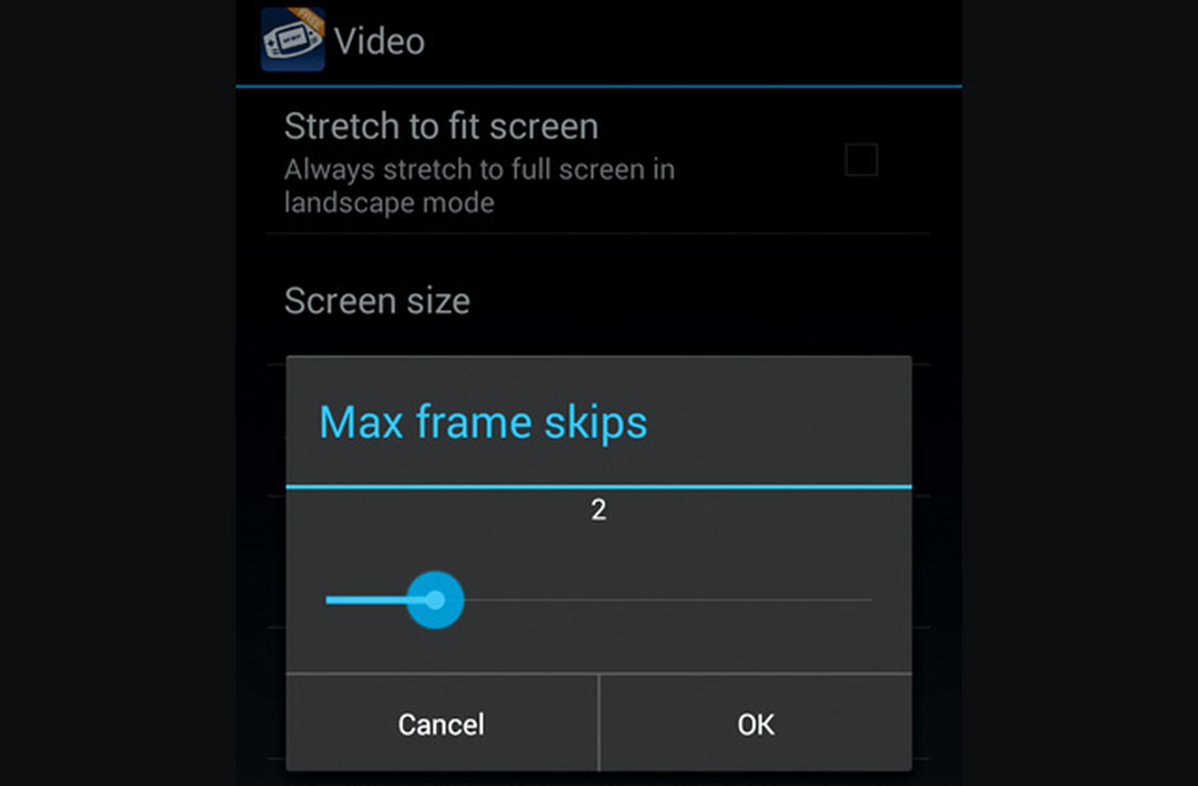 Pantalla de ajuste de velocidad de vídeo en la app emulador de consola