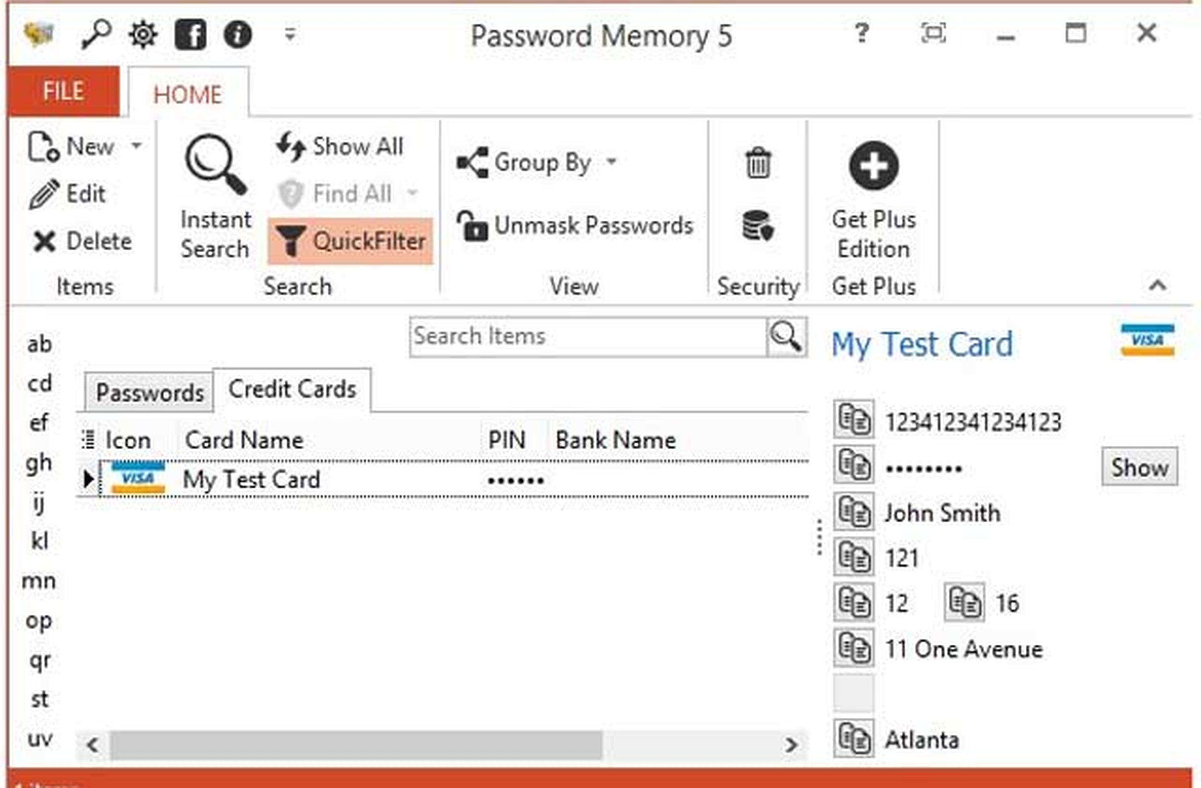 Detalle de configuración de una tarjeta de crédito en Password Memory 5
