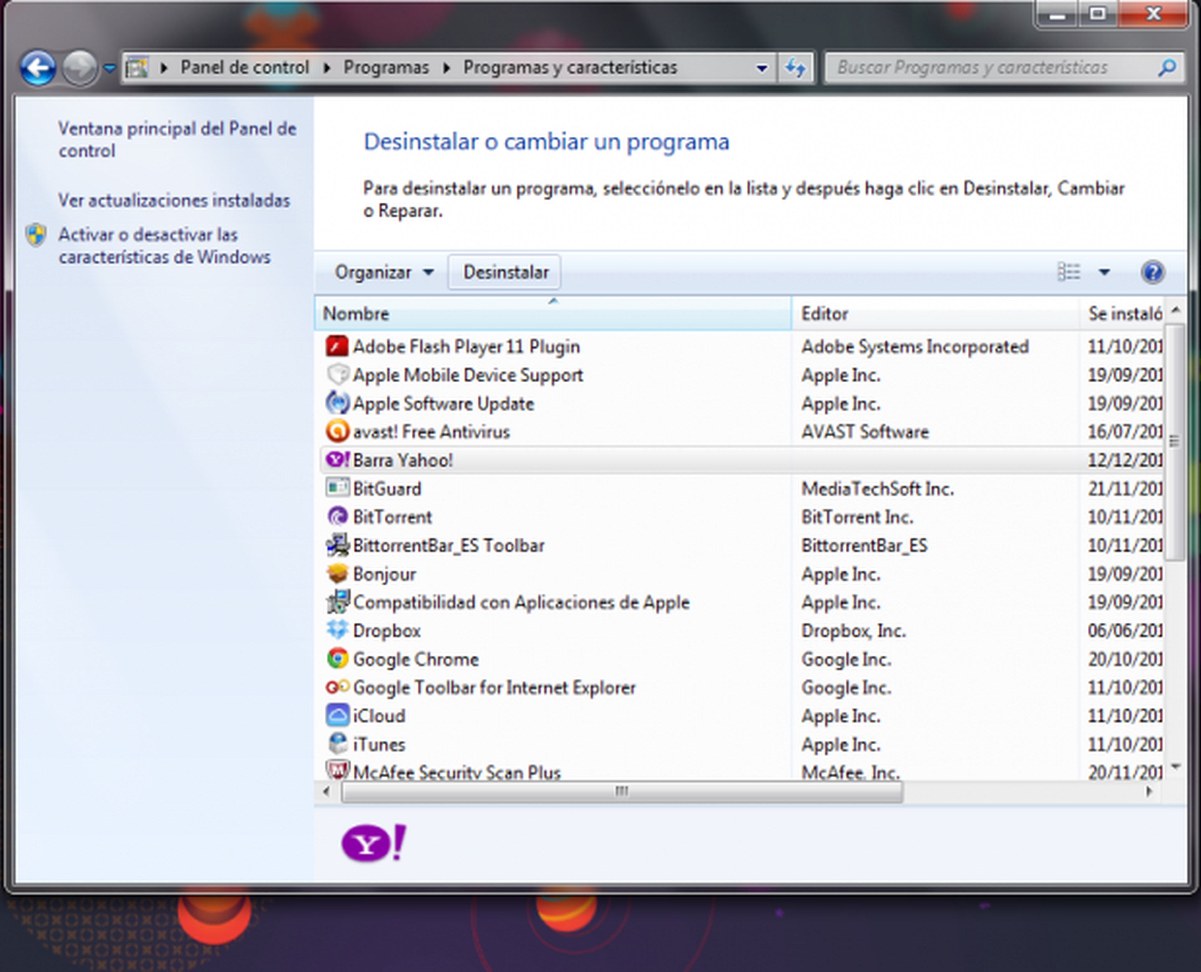 Desinstala Yahoo! Toolbar desde el Panel de control