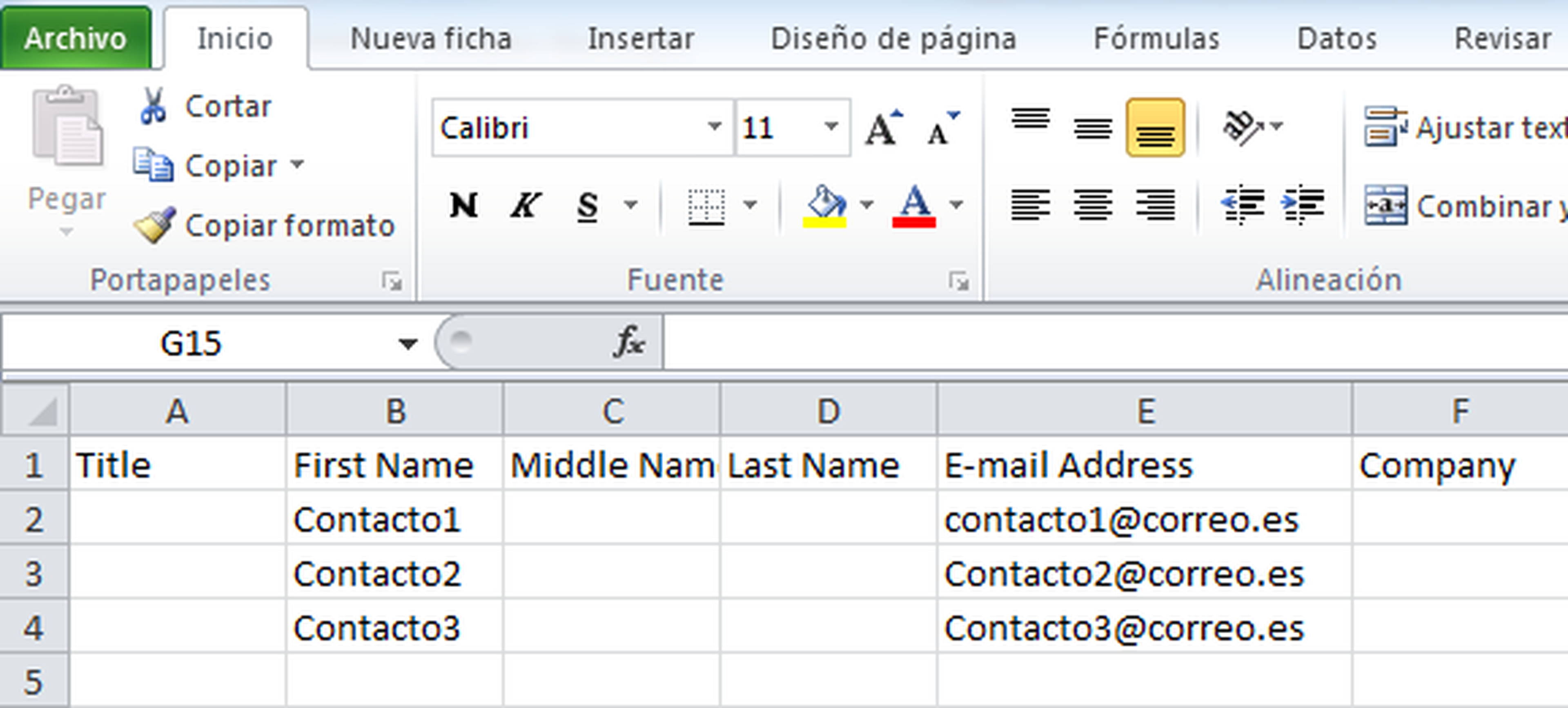 Lista de contactos en Excel