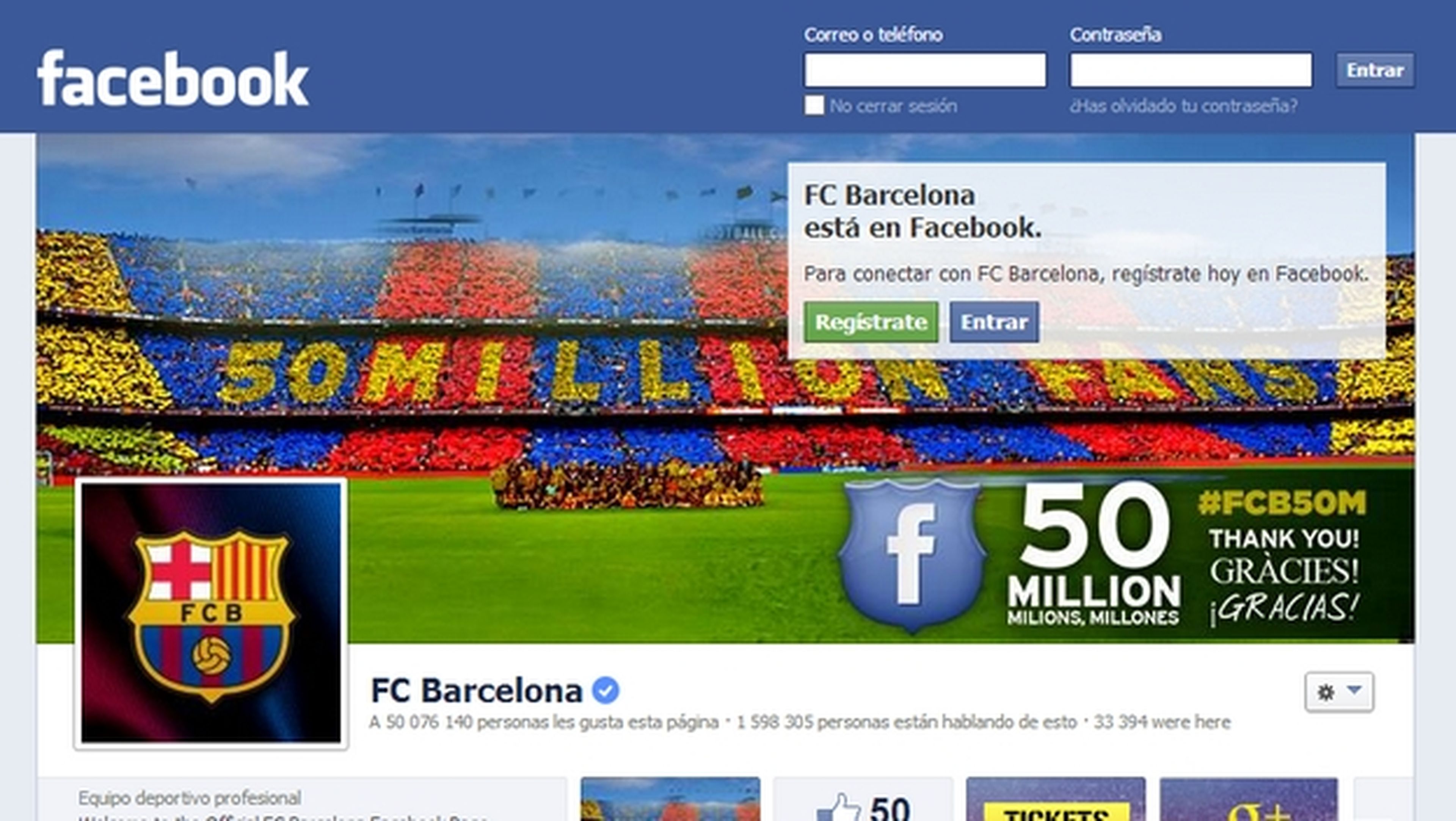 El F.C. Barcelona es el primer club deportivo en alcanzar los 50 millones de seguidores en Facebook. El Real Madrid lleva 47 millones. Cristiano Ronaldo y Messi, por encima de esas cifras.