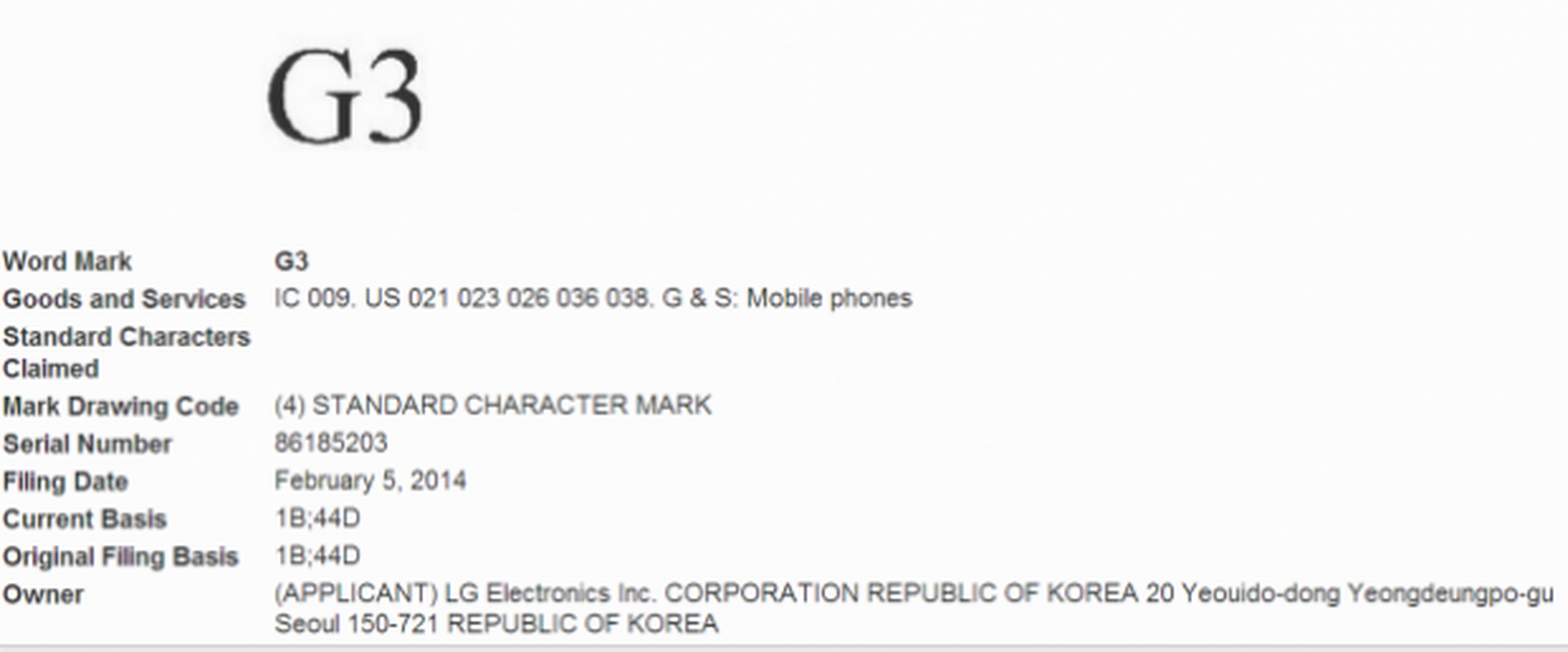 LG G3 trademark registro nombre marca