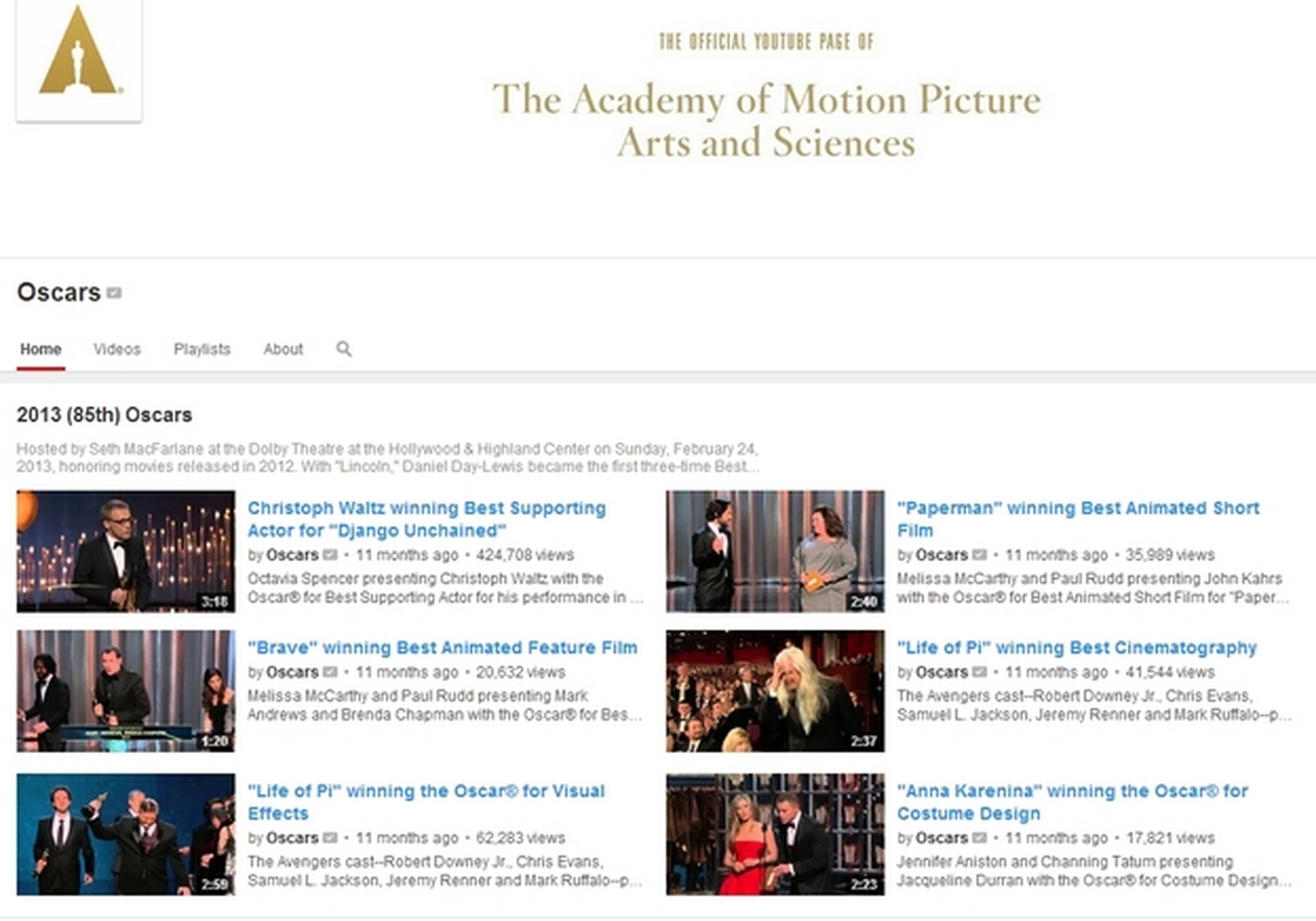 Los Oscar 2014 en YouTube