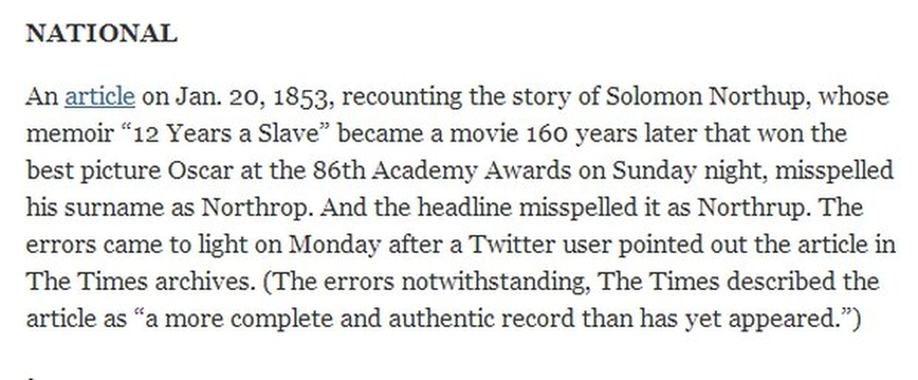 New York Times 12 Años Esclavitud