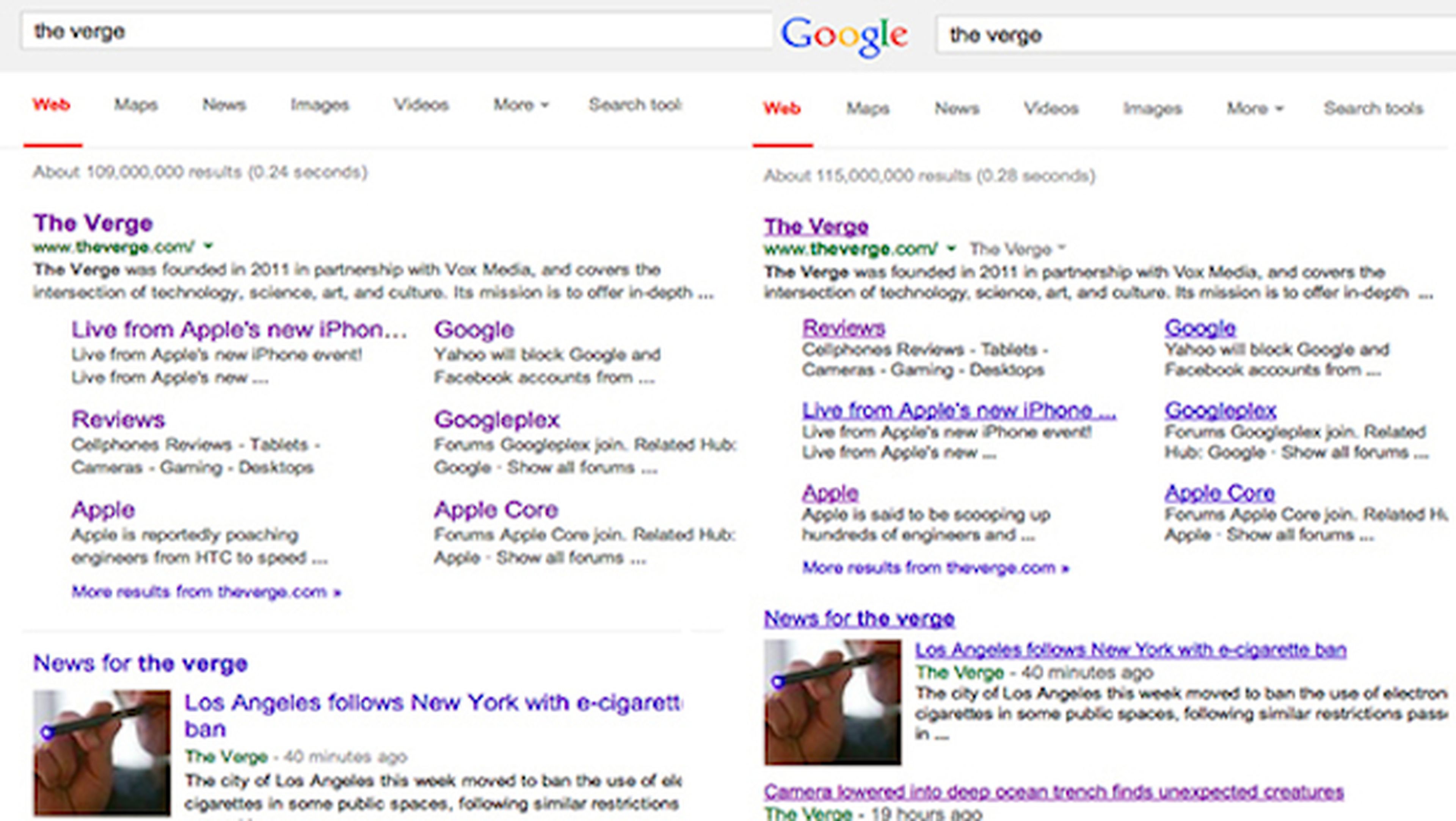 Ahora lo ves y ahora no, Google elimina los enlaces subrayados (Imagen: The Verge)
