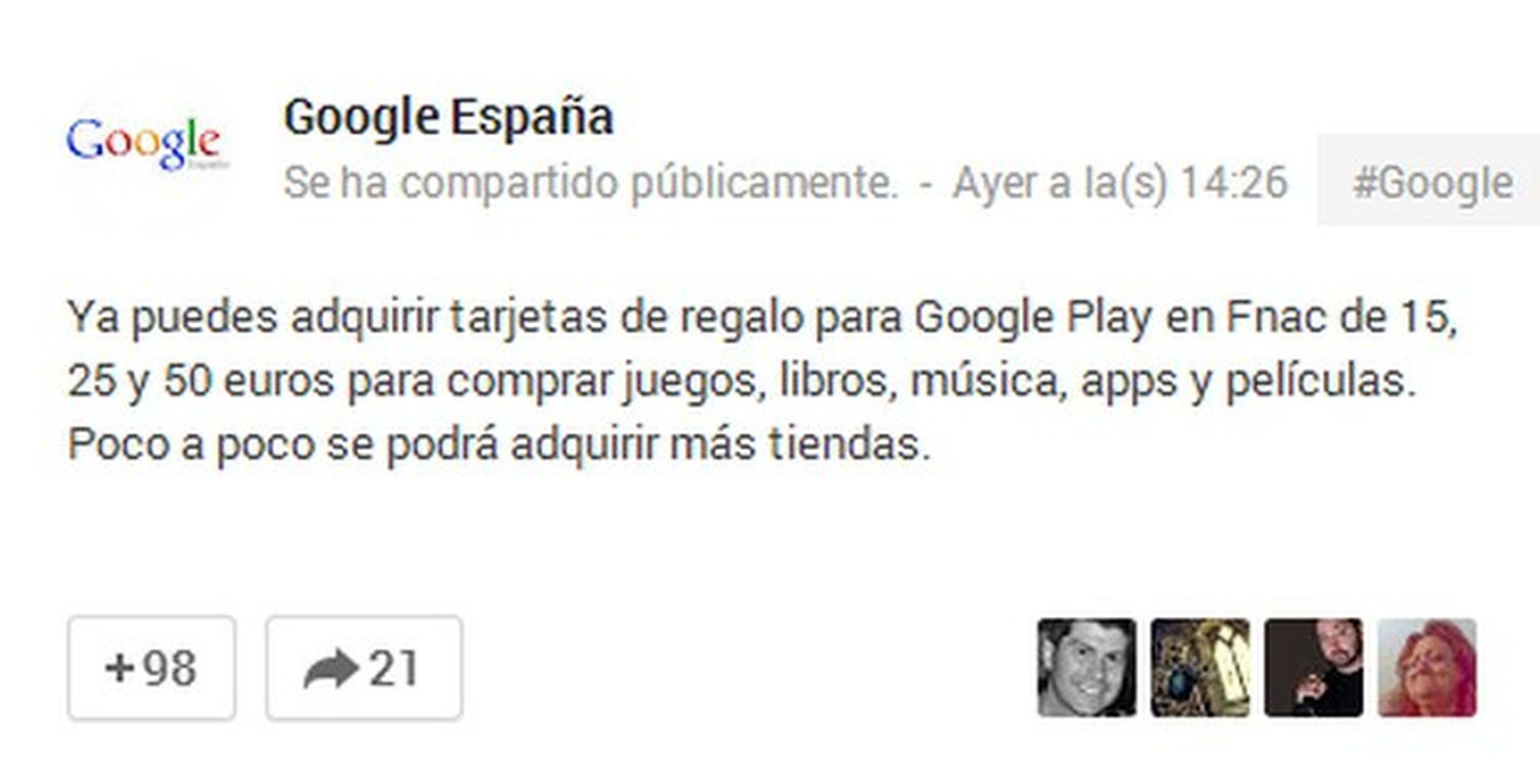 Tarjetas regalo Google Play en España