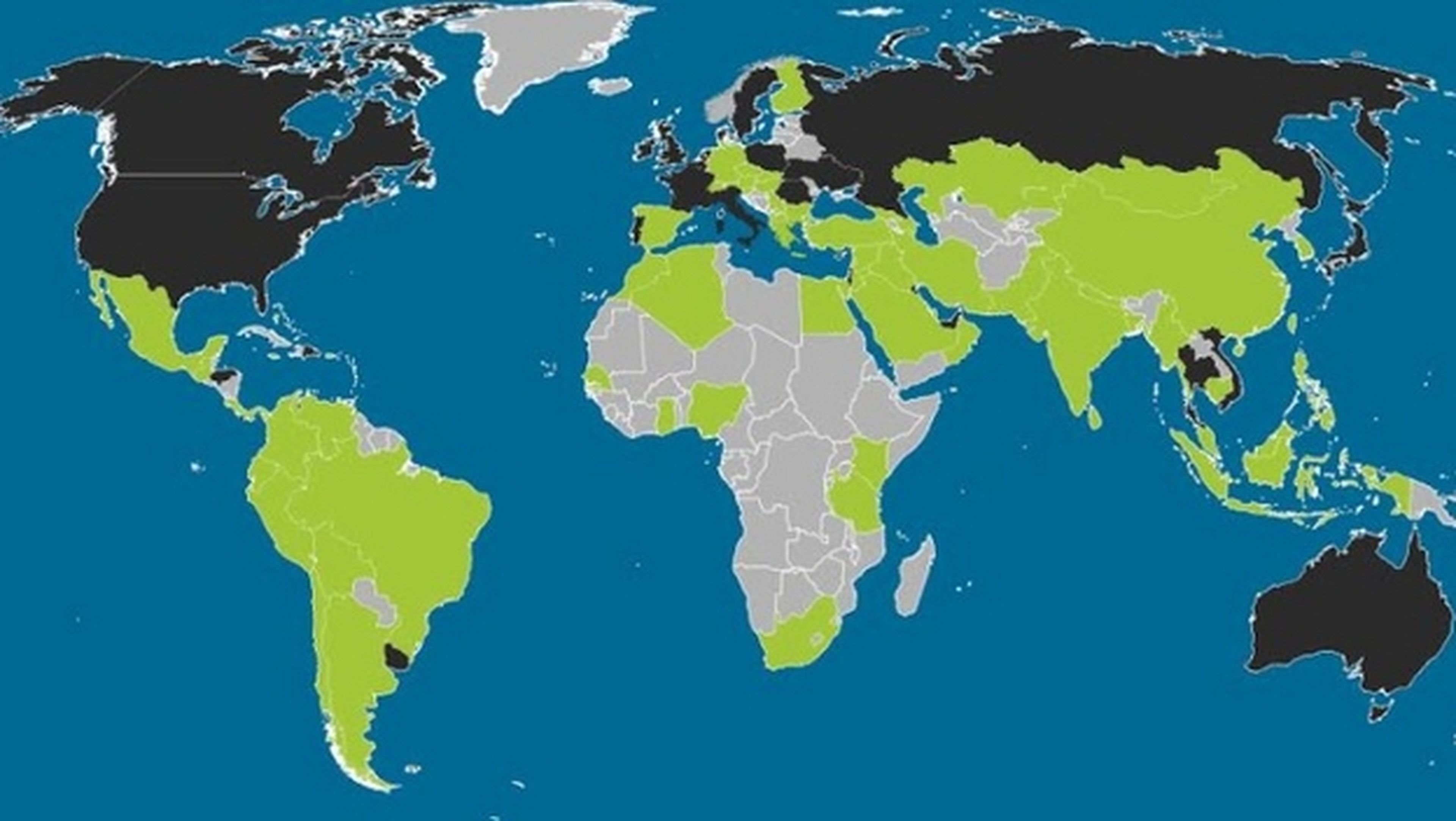 Mapamundi de los sistemas operativos móviles, con la implantación de Android, iOS, Blackberry y Windows Phone en todos los países del mundo.