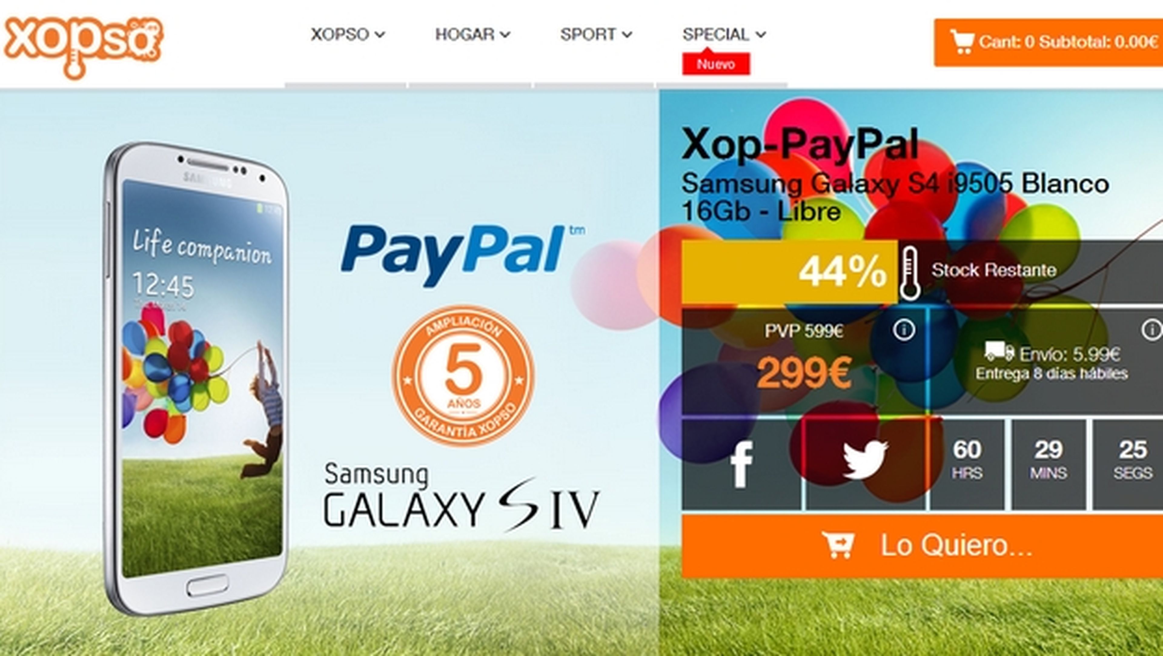Samsung Galaxy S4 a 299 €, en Xopso PayPal, sólo 48 horas