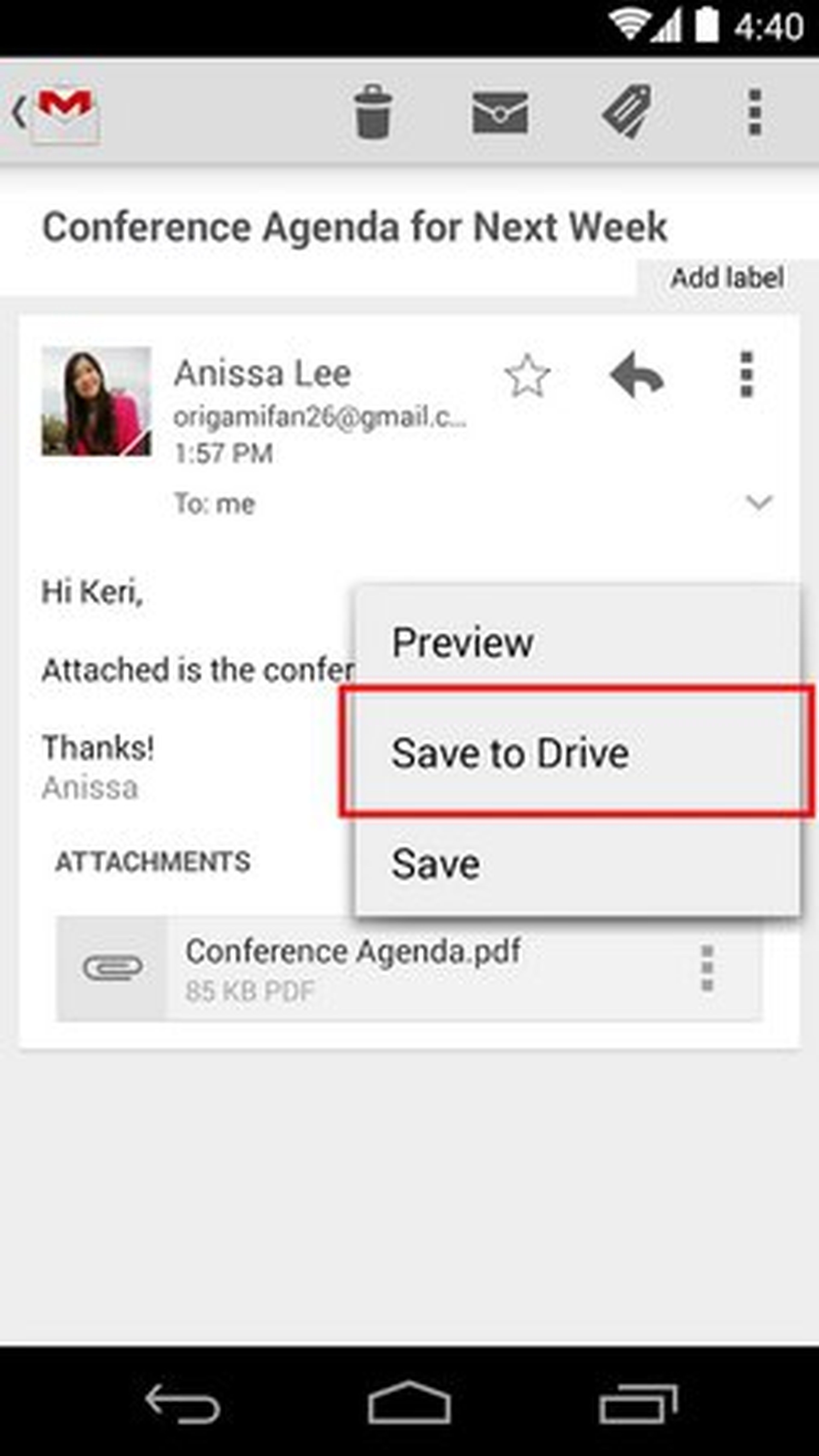 Gmail guarda en Google Drive