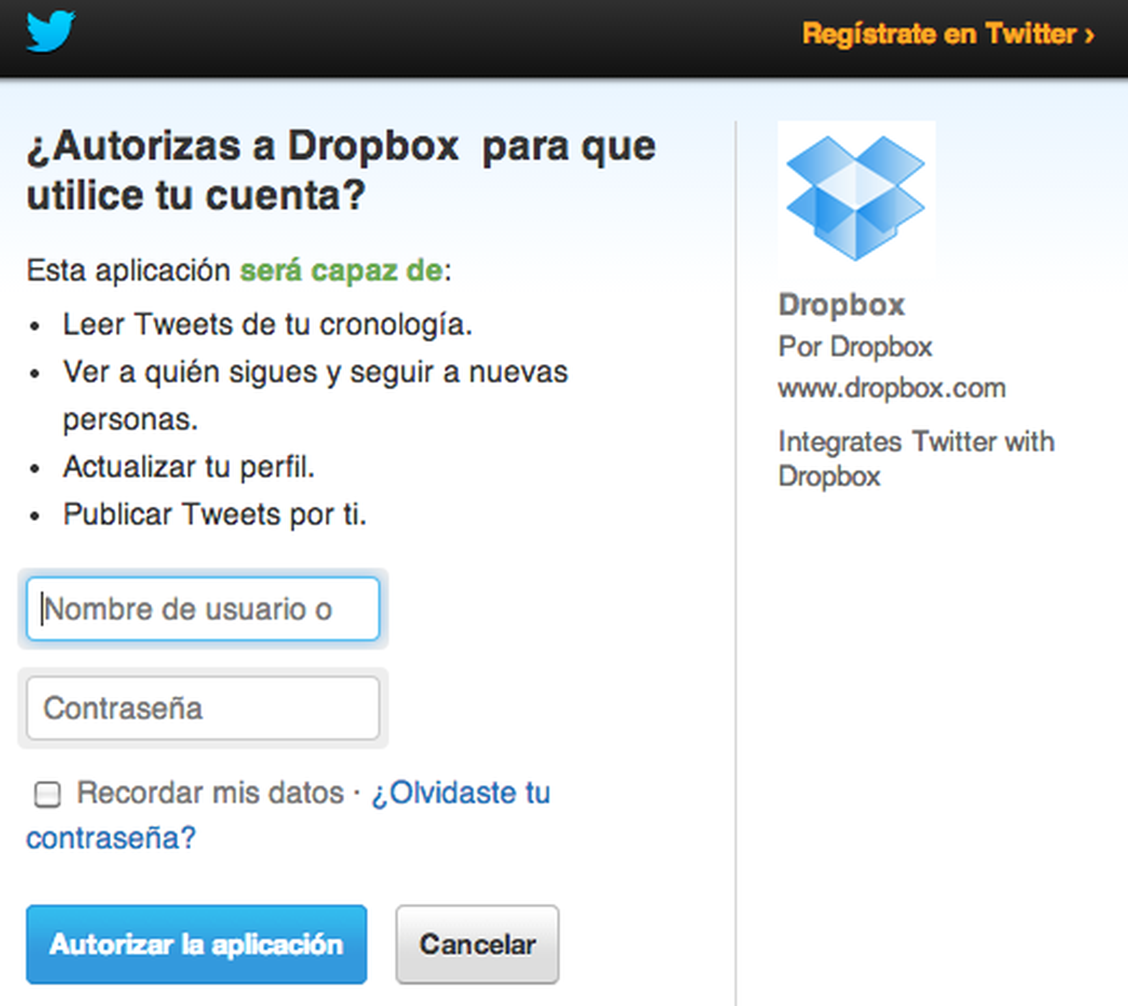 Autorizar a Dropbox para utilizar Twitter