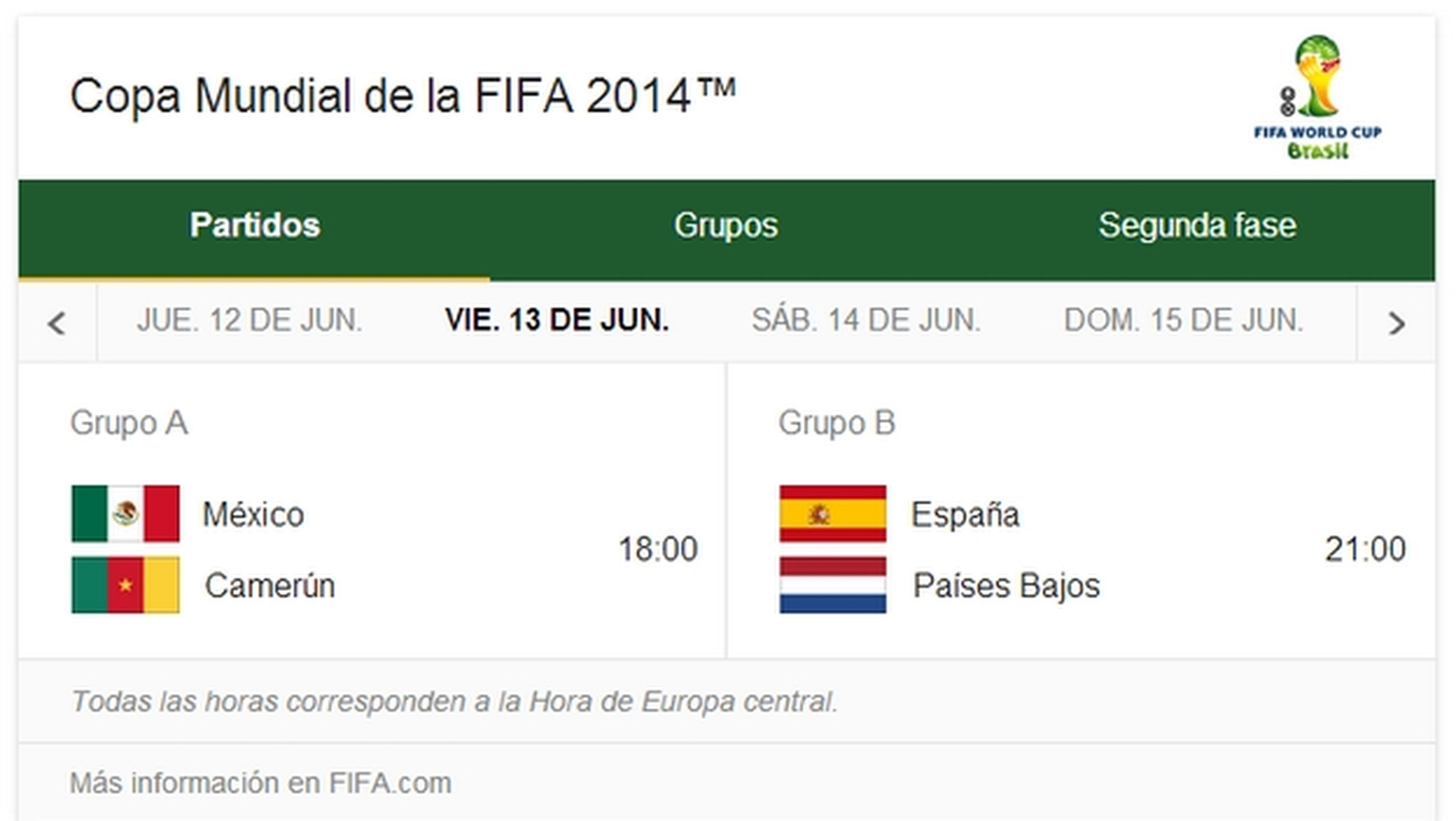 El buscador de Google ofrece horarios, partidos y clasificaciones de la Copa del Mundo Brasil 2014.