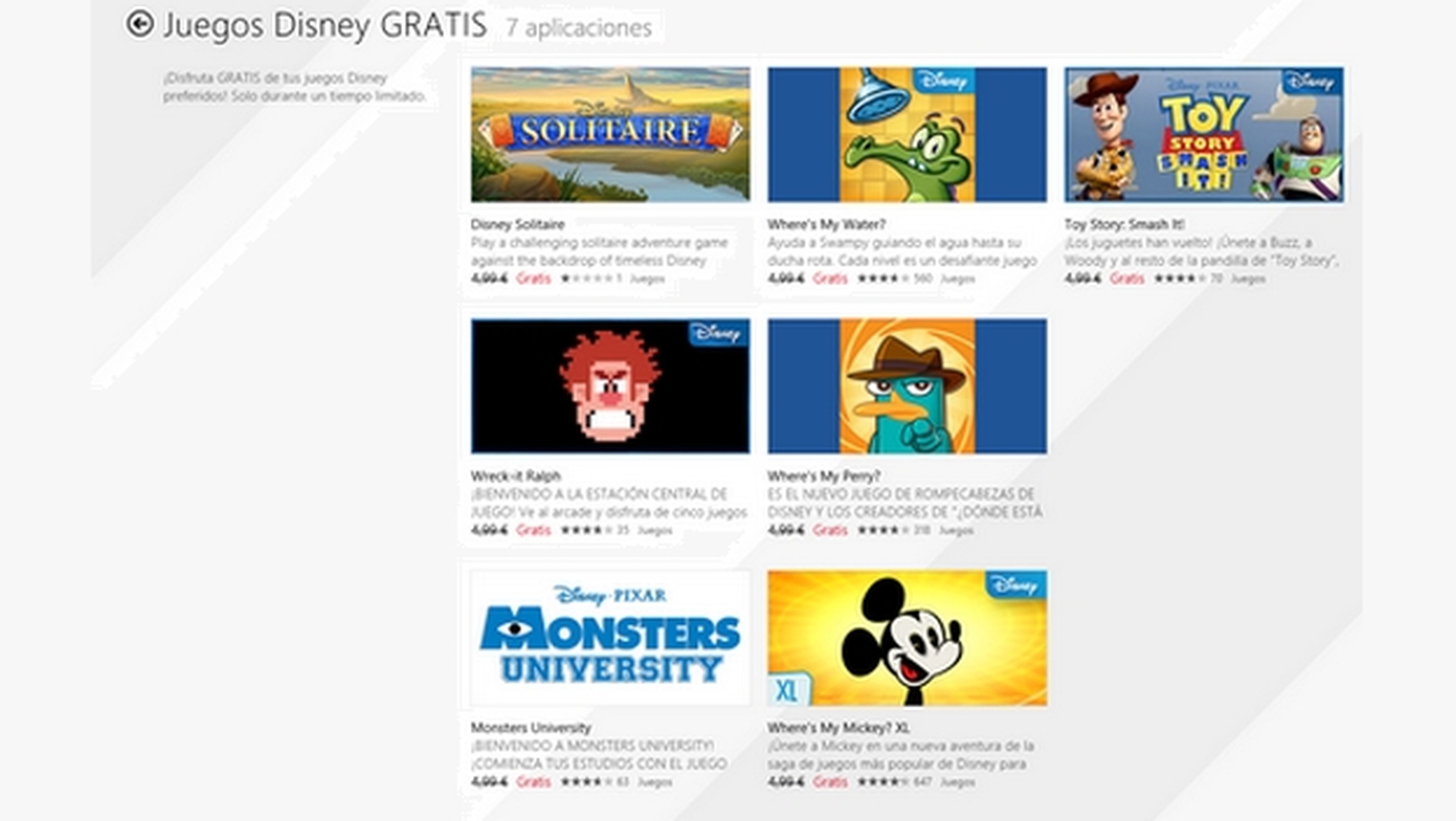 Siete juegos de Disney en formato app de Windows 8, gratis en la Tienda Windows por tiempo limitado.