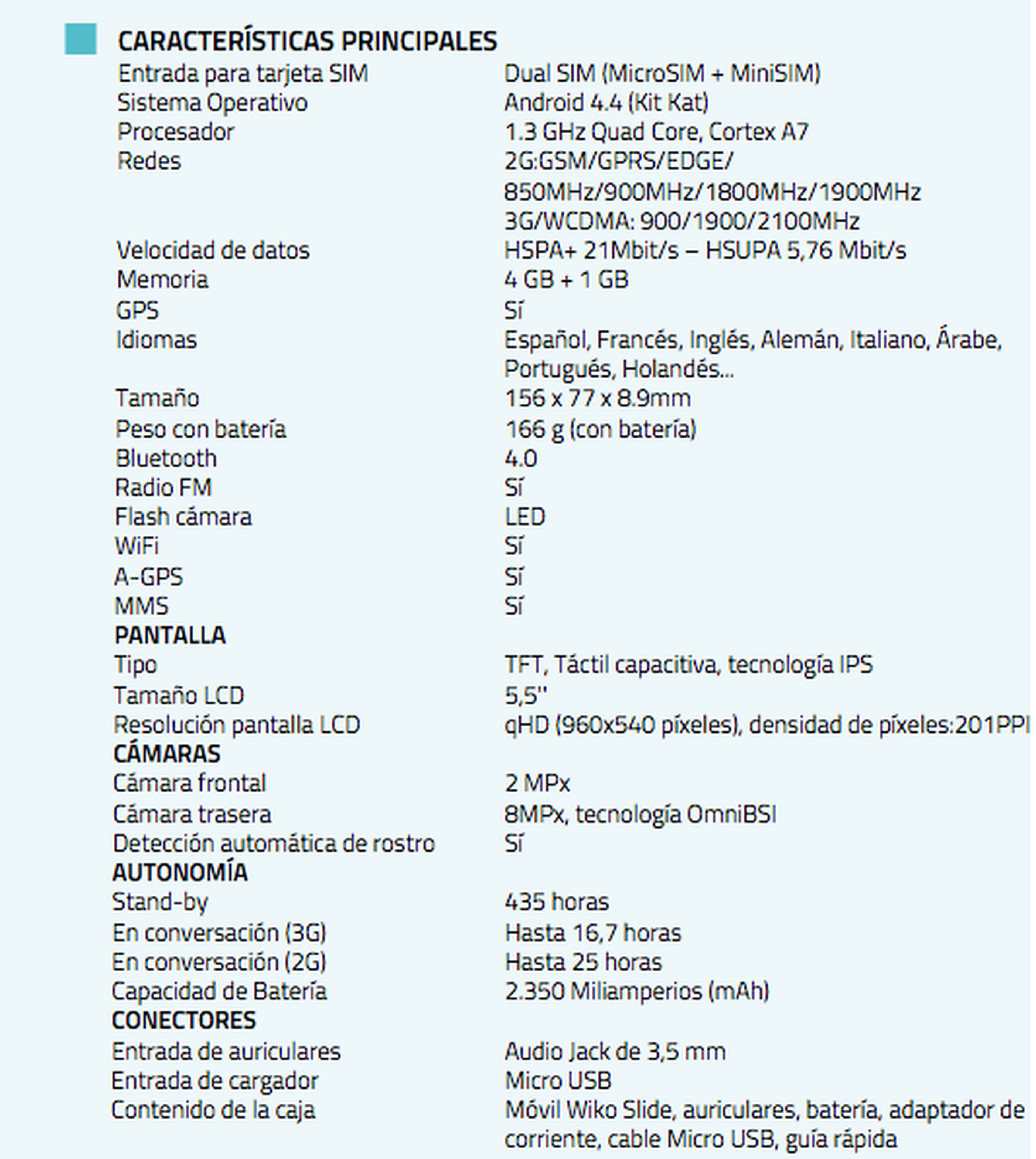 Características wiko slide