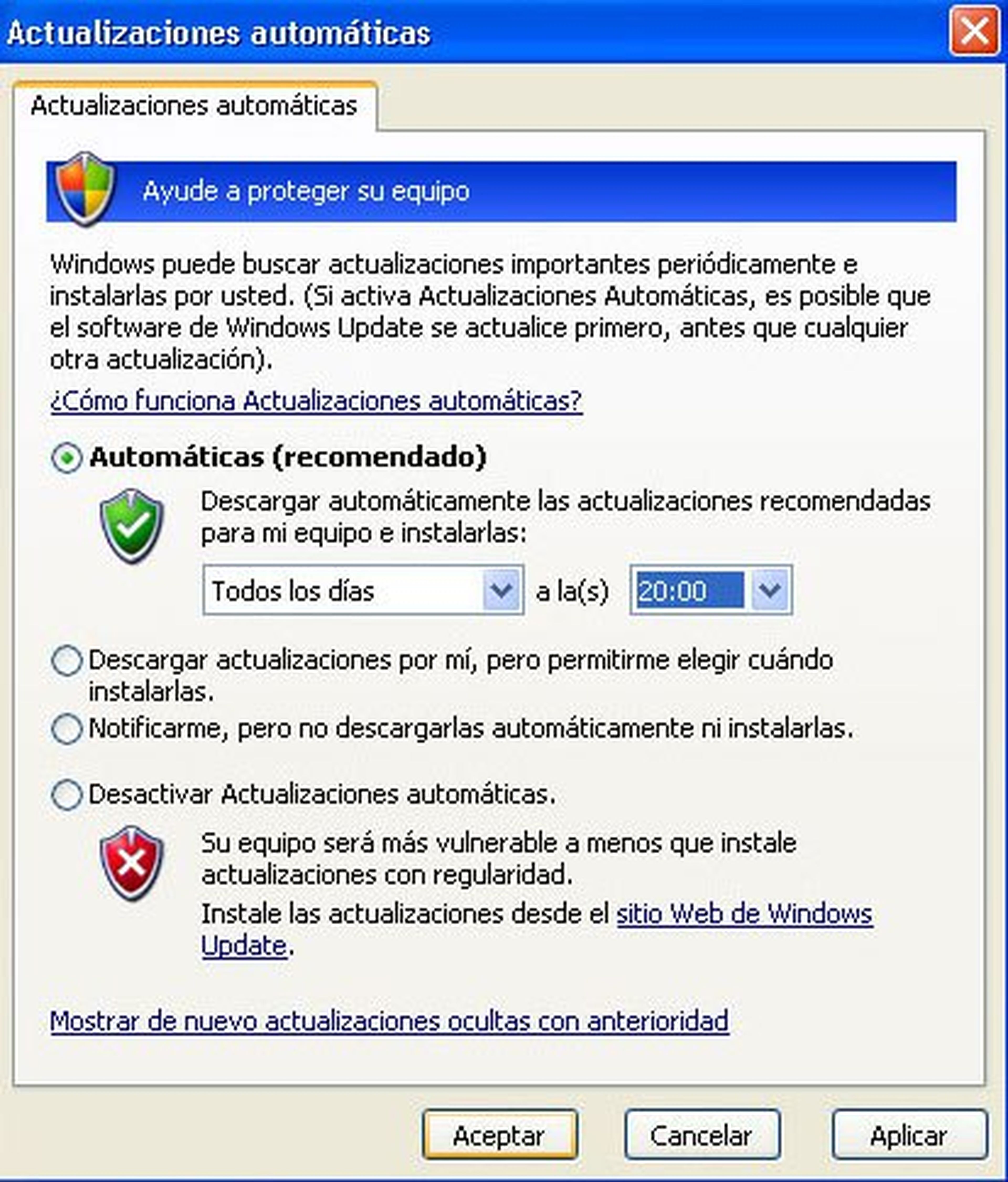Actualizaciones automáticas en Windows XP