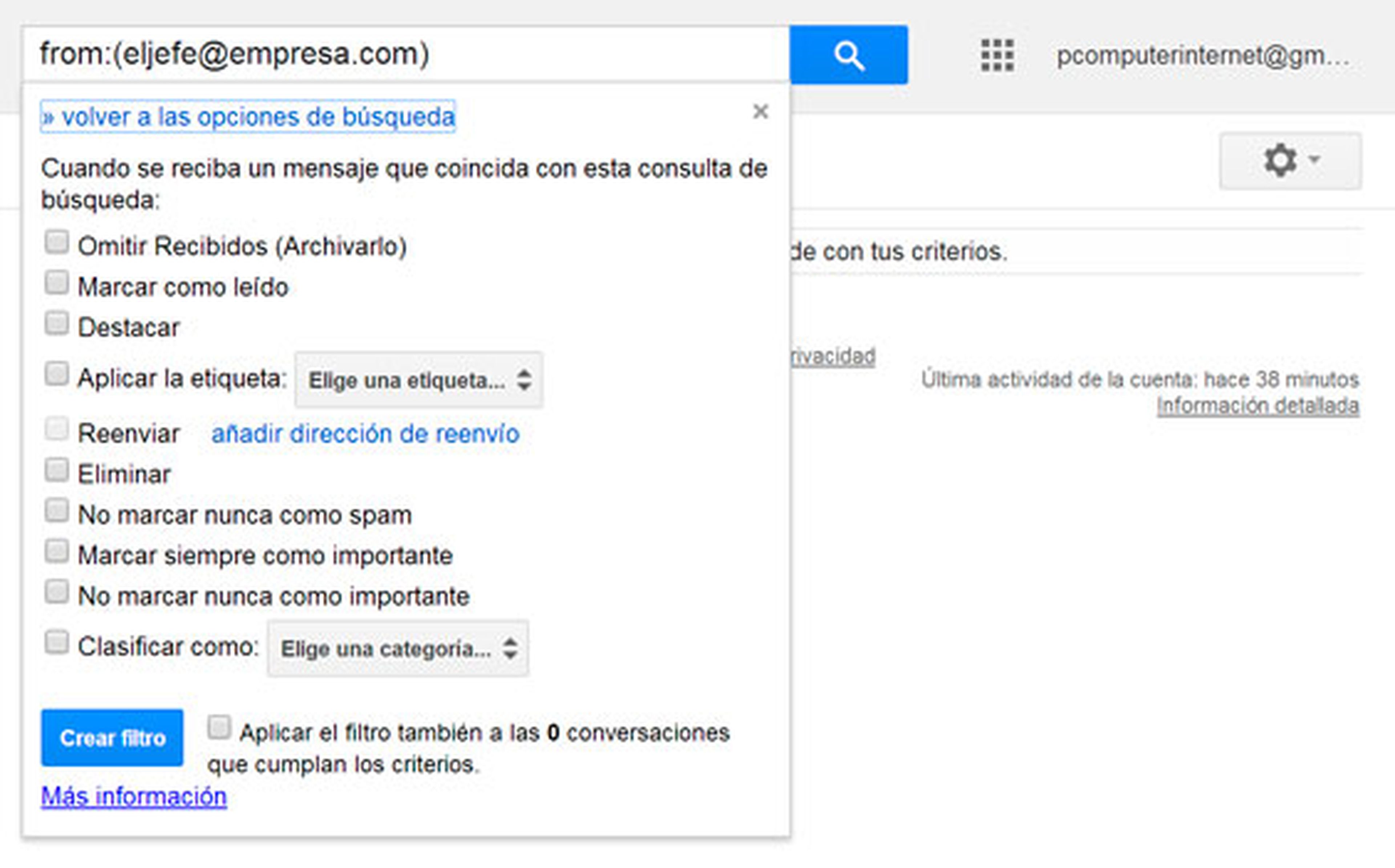 Crea filtros para tus correos en Gmail