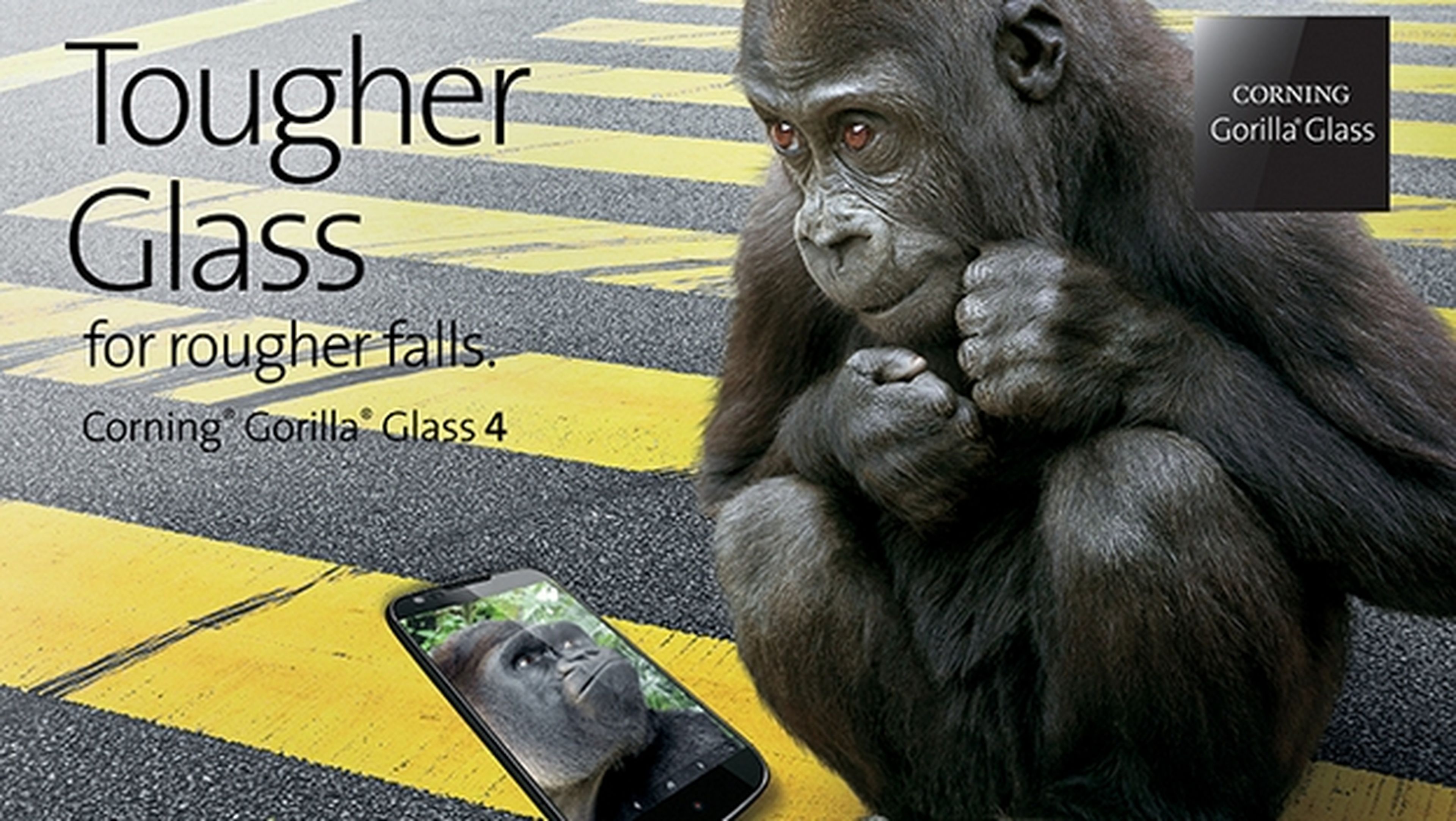 Corning Gorilla Glass 4 protege tu smartphone del 80% de las caídas en superficies rugosas.