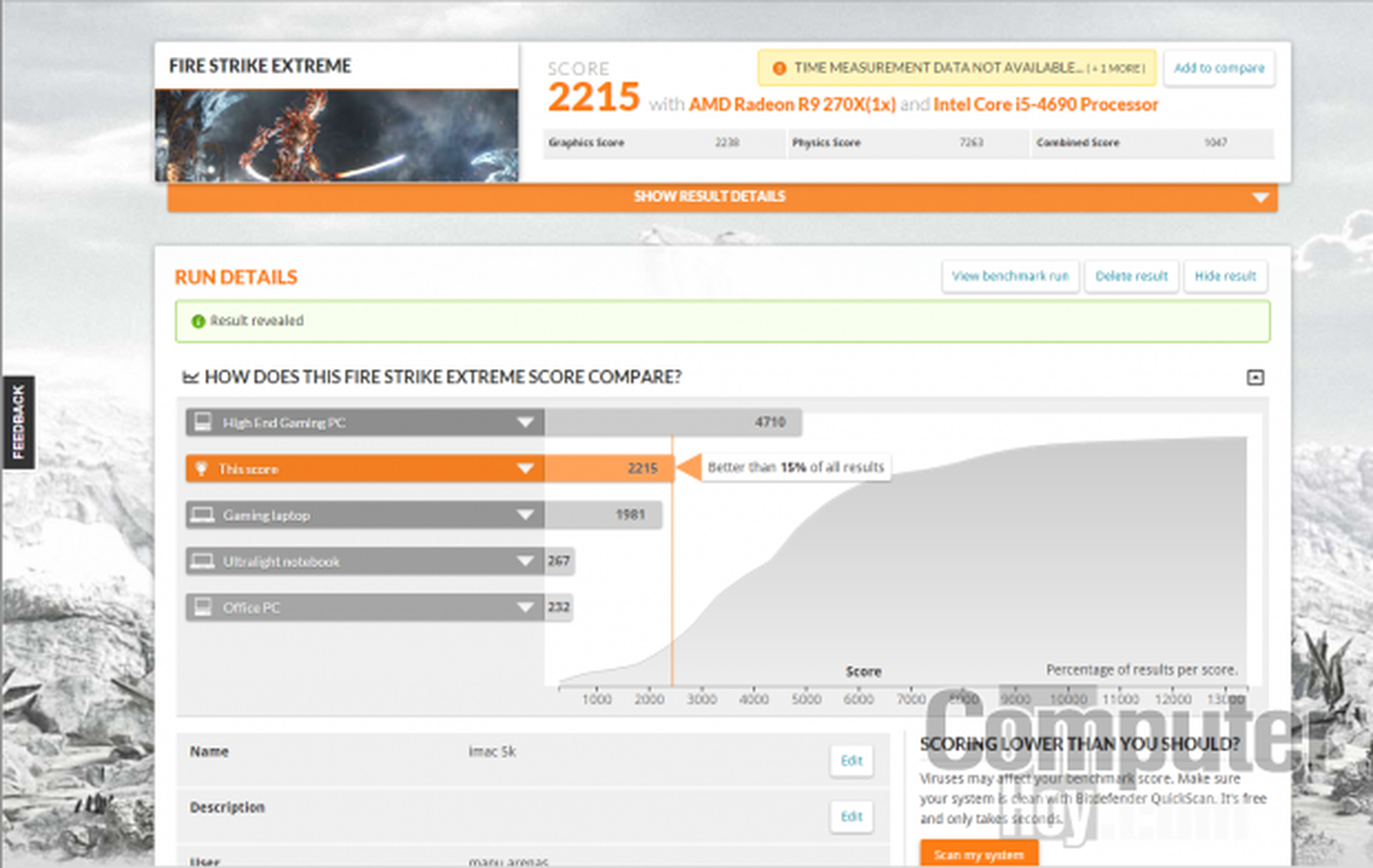 Resultado de rendimiento gráfico en 3DMark